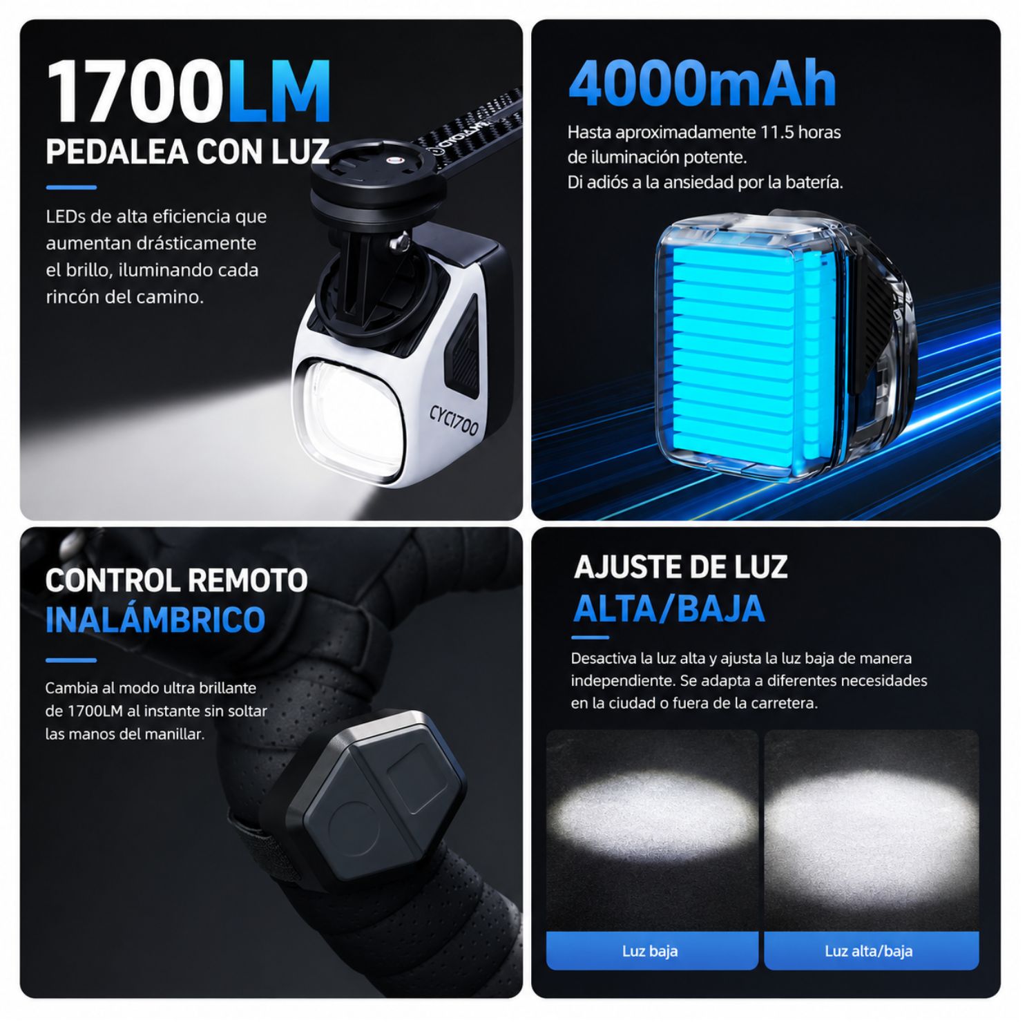 Luz Delantera Bicicleta 1700 Lúmenes USB C Antideslumbrante IPX6 - 2
