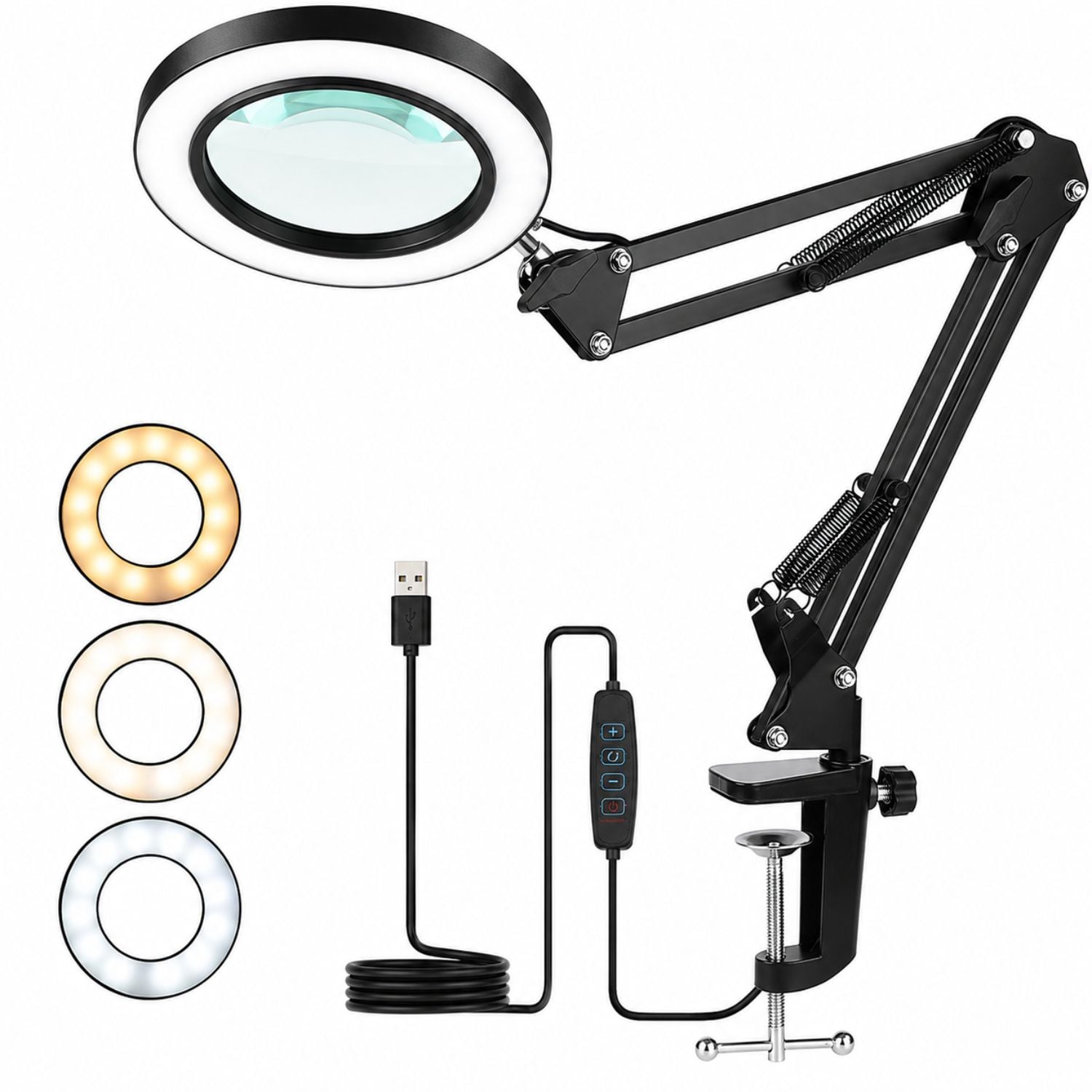 LÁMPARA LUPA LED 10X CON LUZ REGULABLE BRAZO ARTICULADO Y PINZA PARA MESA USB 7.5W - 1