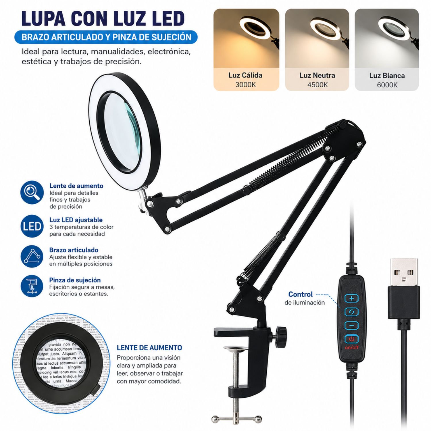 LÁMPARA LUPA LED 10X CON LUZ REGULABLE BRAZO ARTICULADO Y PINZA PARA MESA USB 7.5W - 2