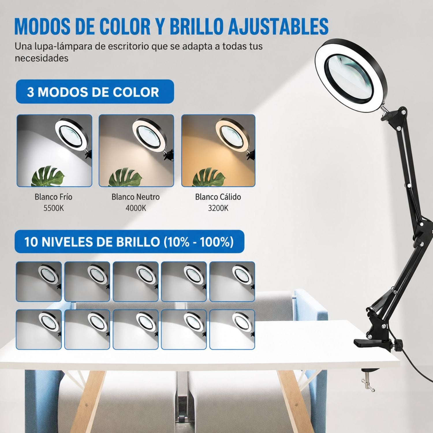 LÁMPARA LUPA LED 10X CON LUZ REGULABLE BRAZO ARTICULADO Y PINZA PARA MESA USB 7.5W - 3