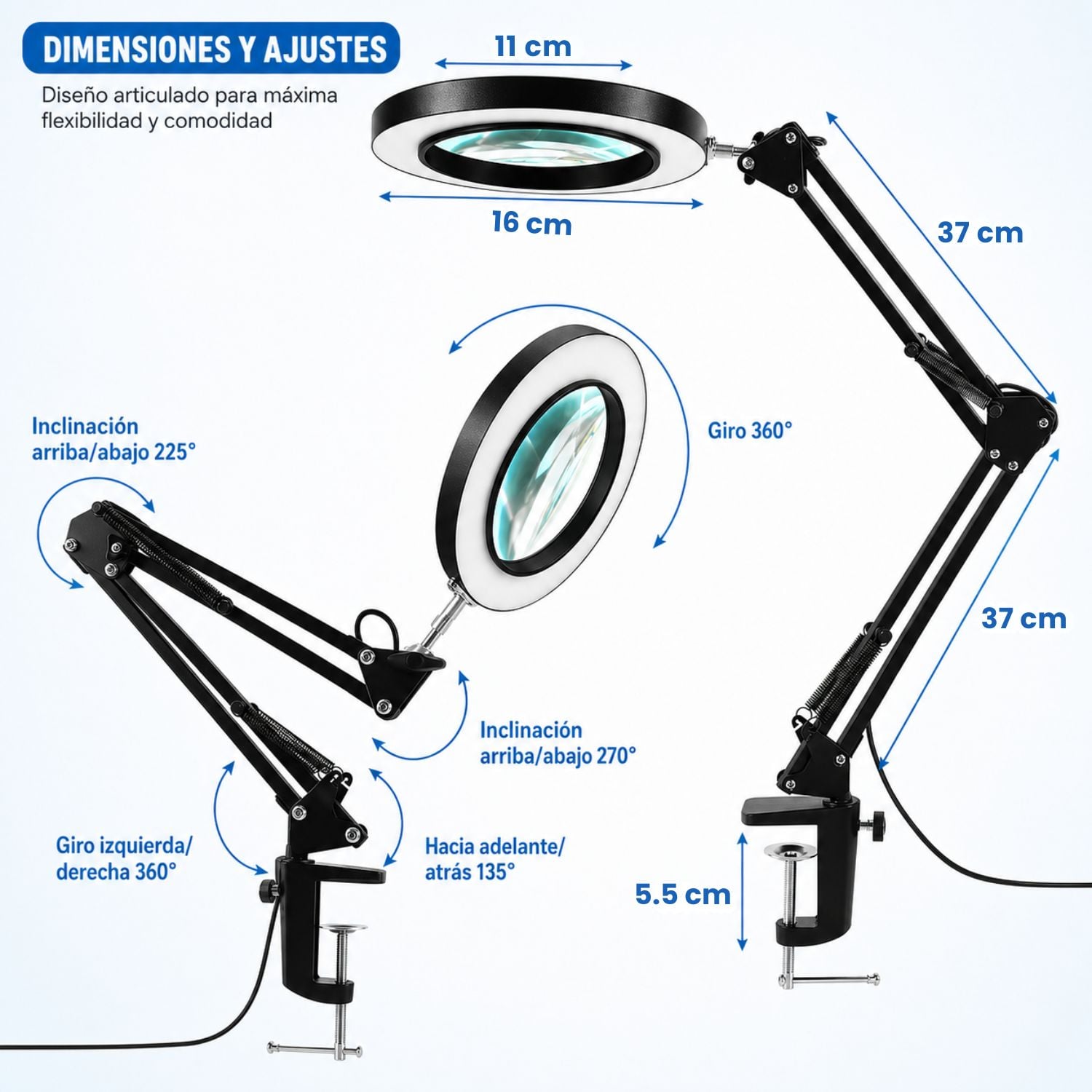 LÁMPARA LUPA LED 10X CON LUZ REGULABLE BRAZO ARTICULADO Y PINZA PARA MESA USB 7.5W - 5