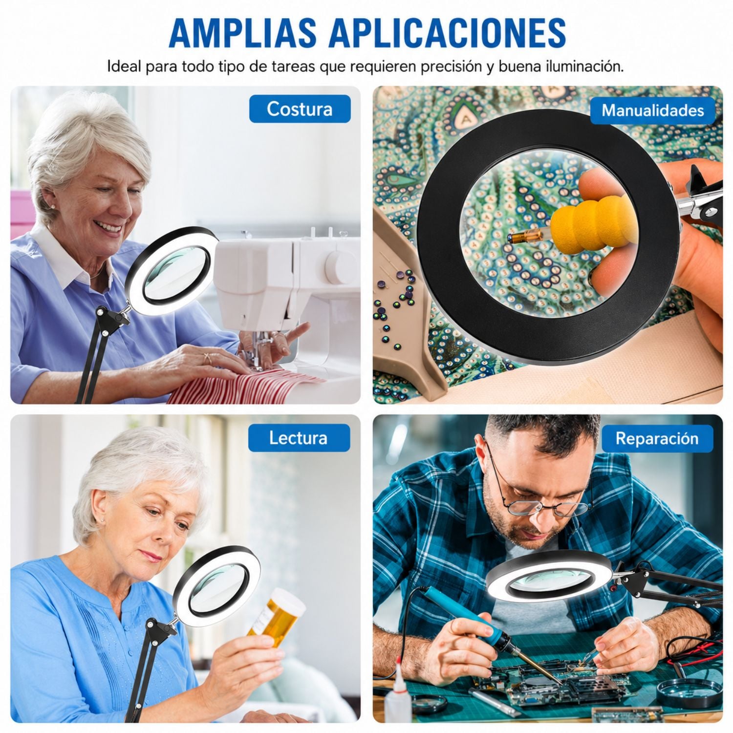 LÁMPARA LUPA LED 10X CON LUZ REGULABLE BRAZO ARTICULADO Y PINZA PARA MESA USB 7.5W - 6
