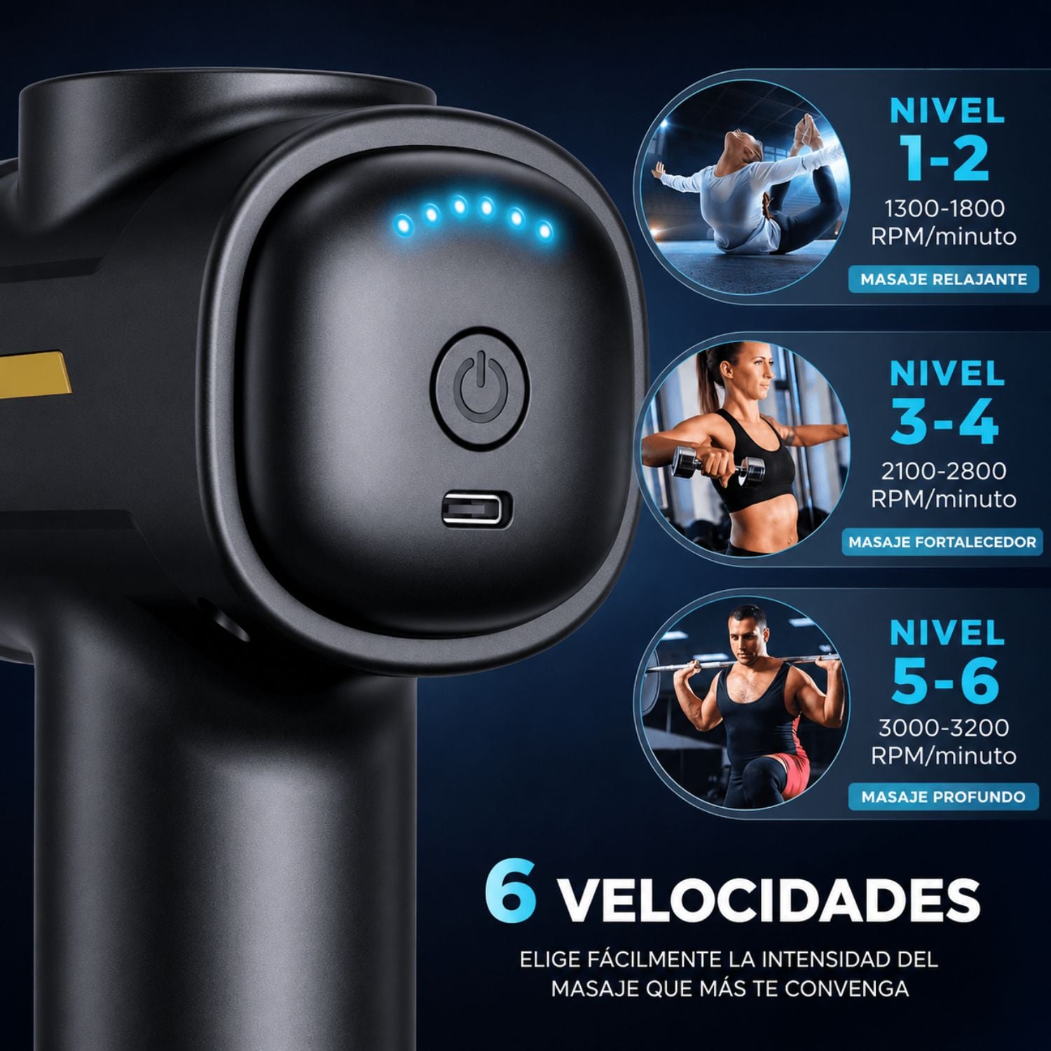 PISTOLA DE MASAJE MUSCULAR 6 CABEZAS 55W ALIVIO Y RECUPERACIÓN PARA CUELLO ESPALDA Y PIERNAS - 2