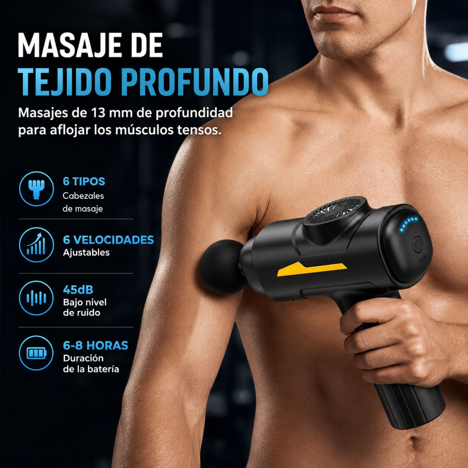 PISTOLA DE MASAJE MUSCULAR 6 CABEZAS 55W ALIVIO Y RECUPERACIÓN PARA CUELLO ESPALDA Y PIERNAS - 3