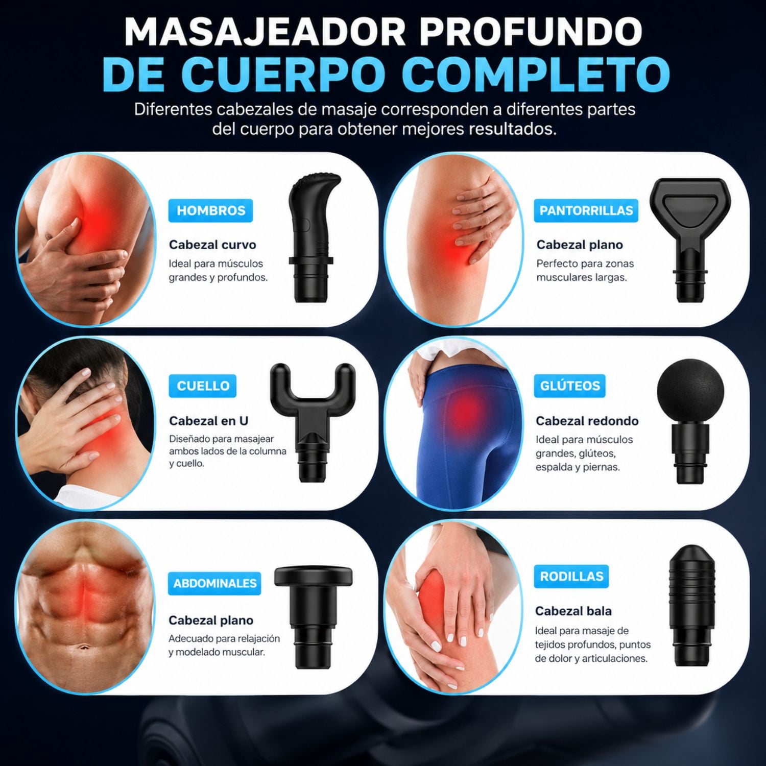 PISTOLA DE MASAJE MUSCULAR 6 CABEZAS 55W ALIVIO Y RECUPERACIÓN PARA CUELLO ESPALDA Y PIERNAS - 4
