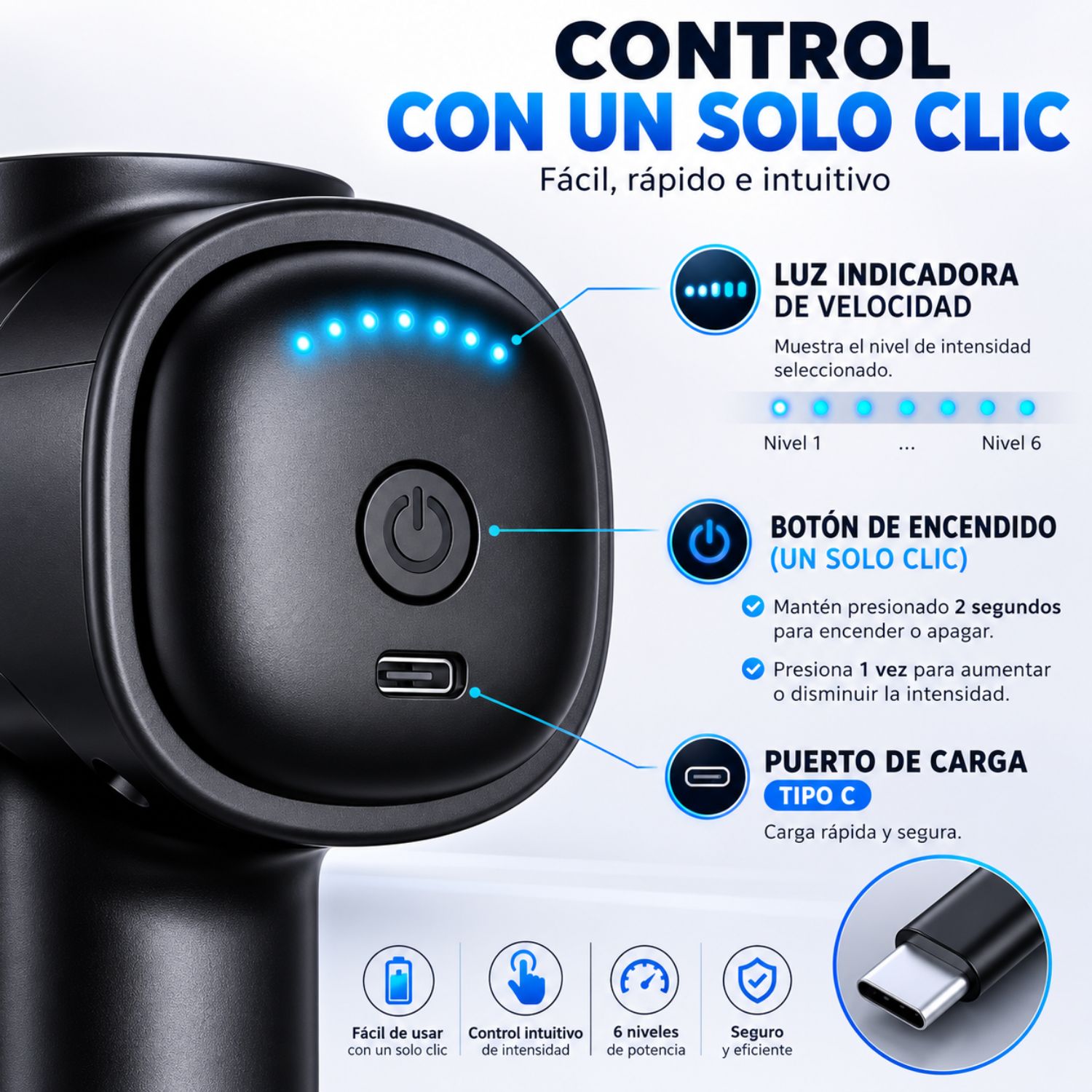 PISTOLA DE MASAJE MUSCULAR 6 CABEZAS 55W ALIVIO Y RECUPERACIÓN PARA CUELLO ESPALDA Y PIERNAS - 6