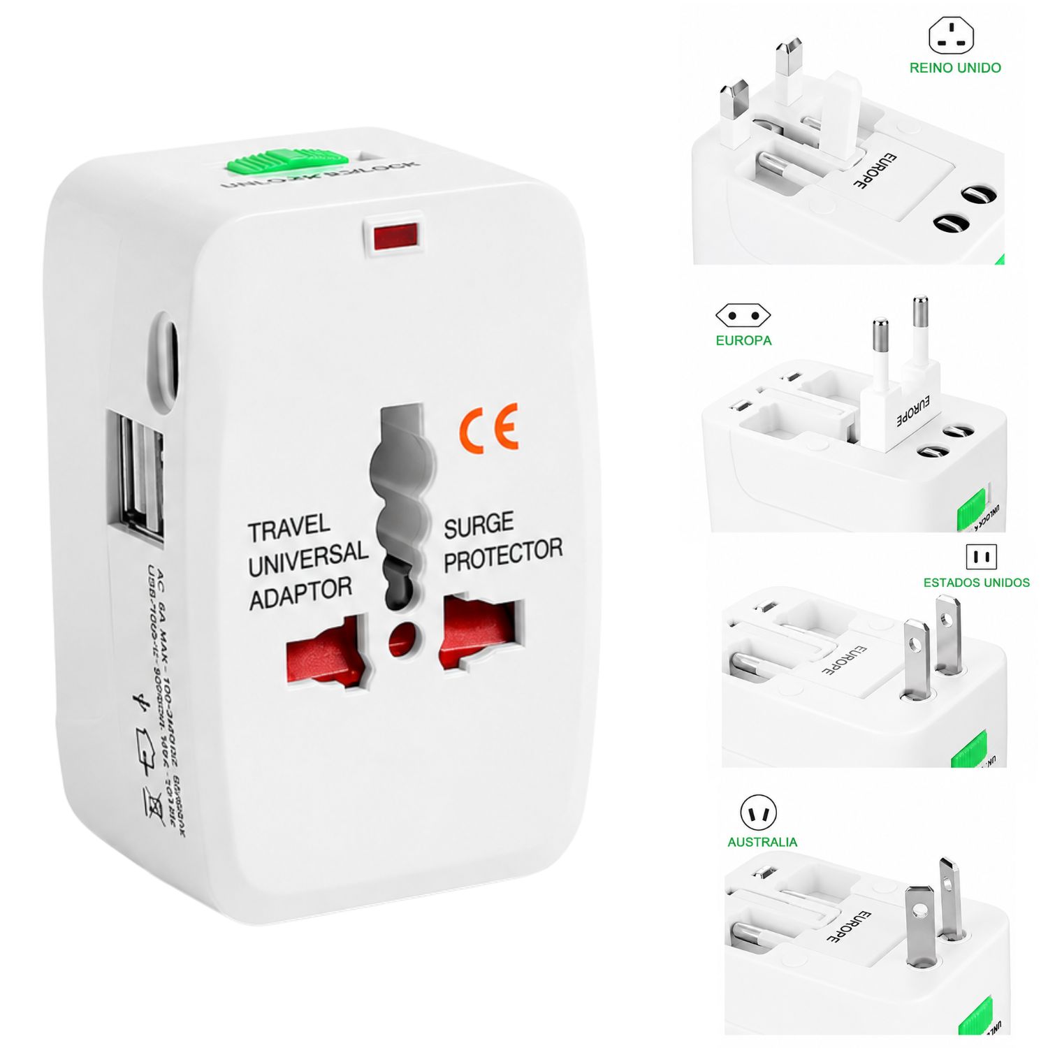 ADAPTADOR UNIVERSAL ENCHUFE INTERNACIONAL DE VIAJE 110V-240V + 2 USB - 1