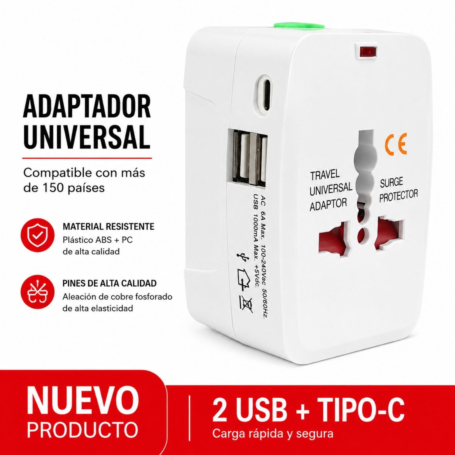 ADAPTADOR UNIVERSAL ENCHUFE INTERNACIONAL DE VIAJE 110V-240V + 2 USB - 2