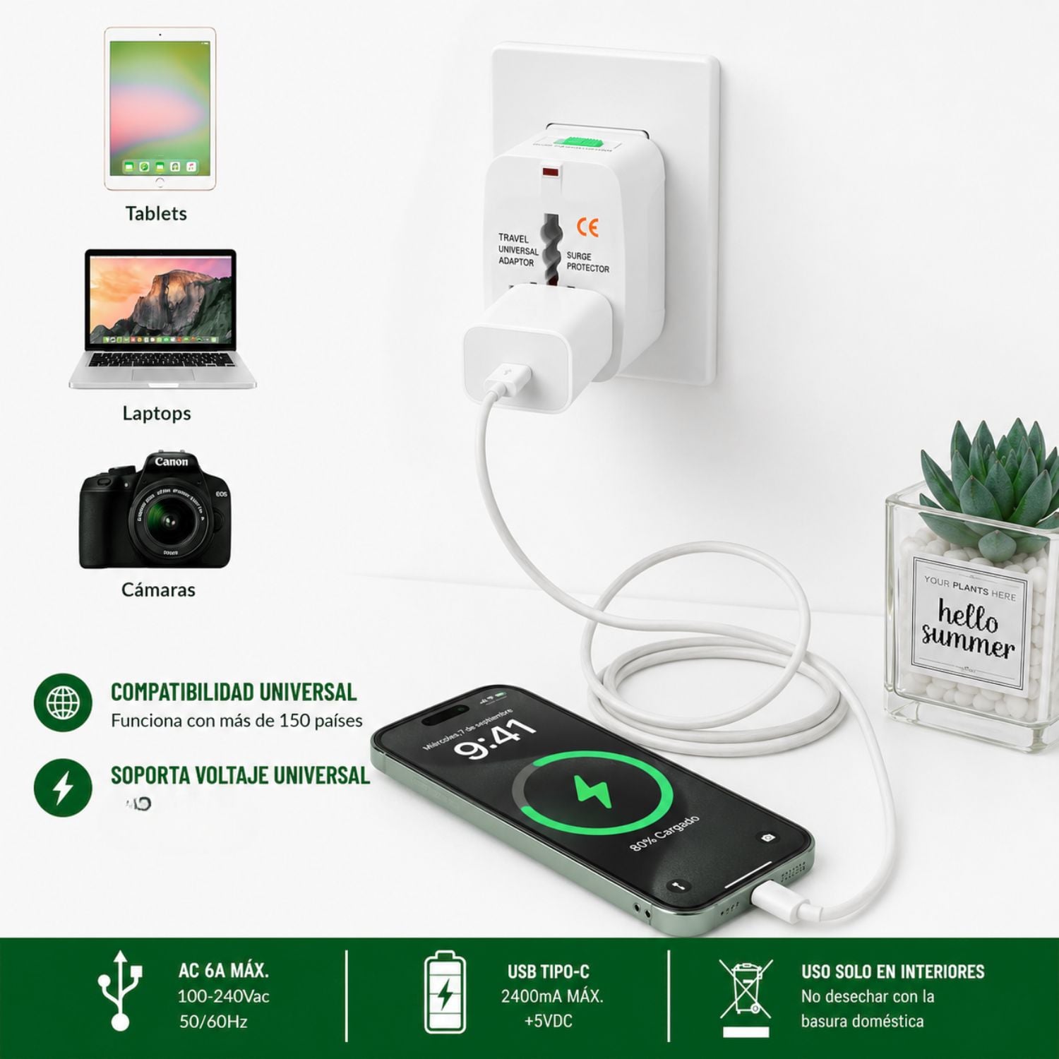 ADAPTADOR UNIVERSAL ENCHUFE INTERNACIONAL DE VIAJE 110V-240V + 2 USB - 4