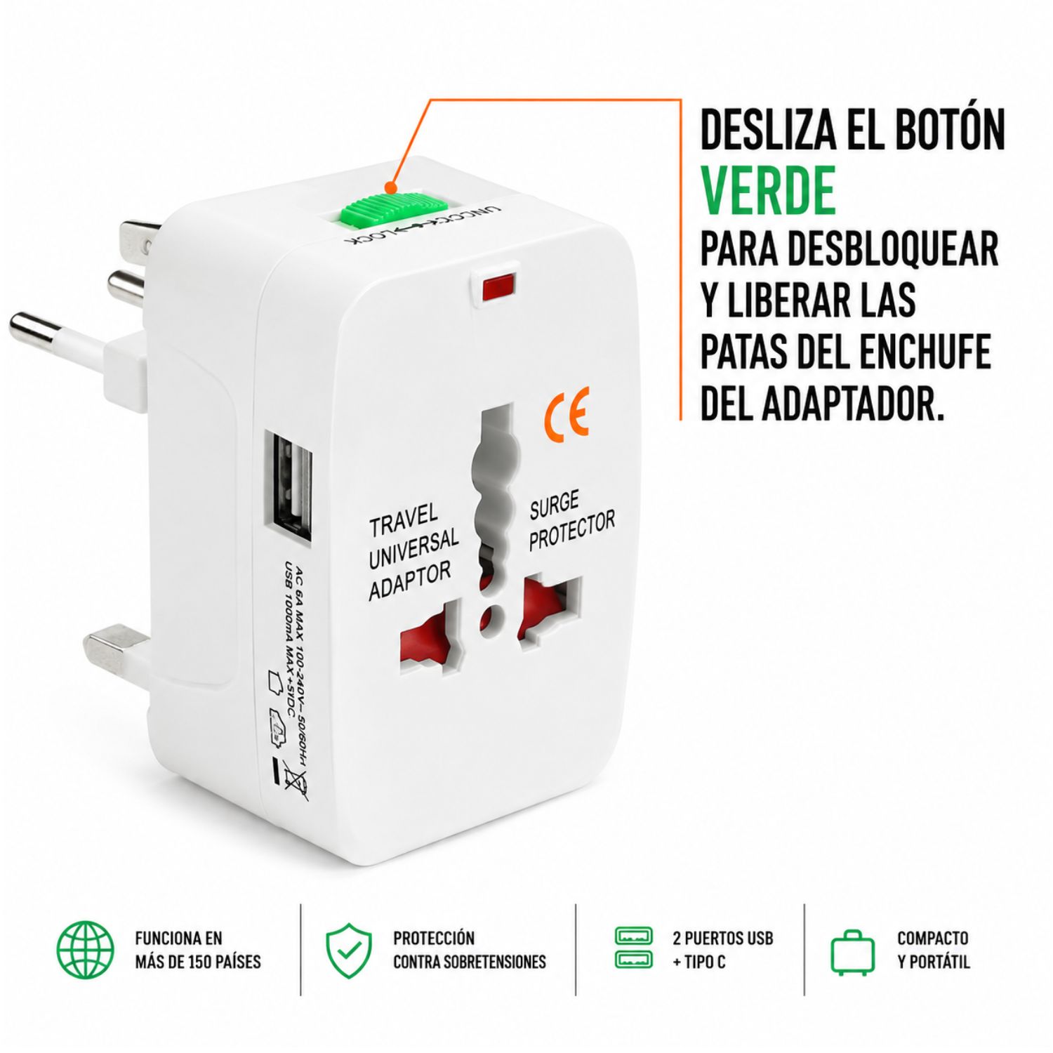 ADAPTADOR UNIVERSAL ENCHUFE INTERNACIONAL DE VIAJE 110V-240V + 2 USB - 5