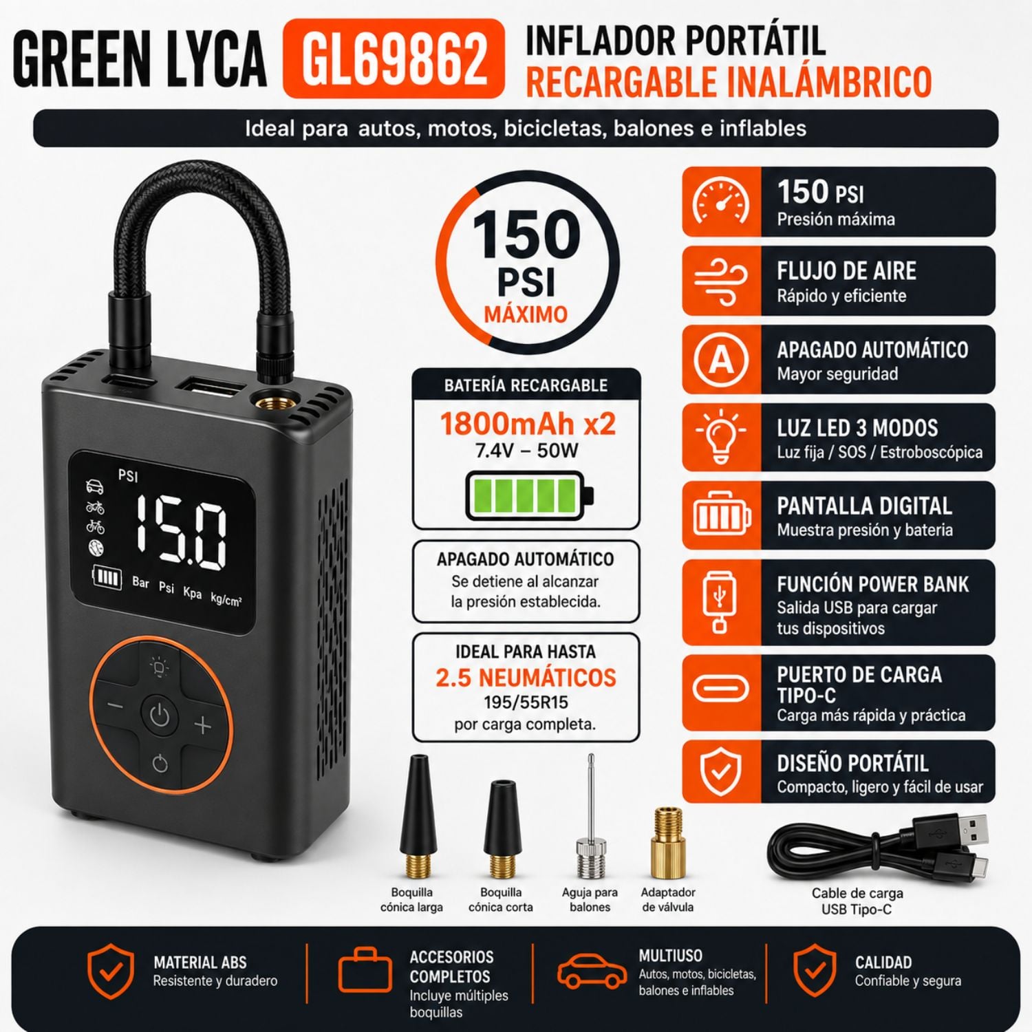 COMPRESOR DE AIRE E INFLADOR DE LLANTAS PORTÁTIL 150 PSI RECARGABLE DIGITAL 50W PARA AUTO MOTO BICICLETA - 2