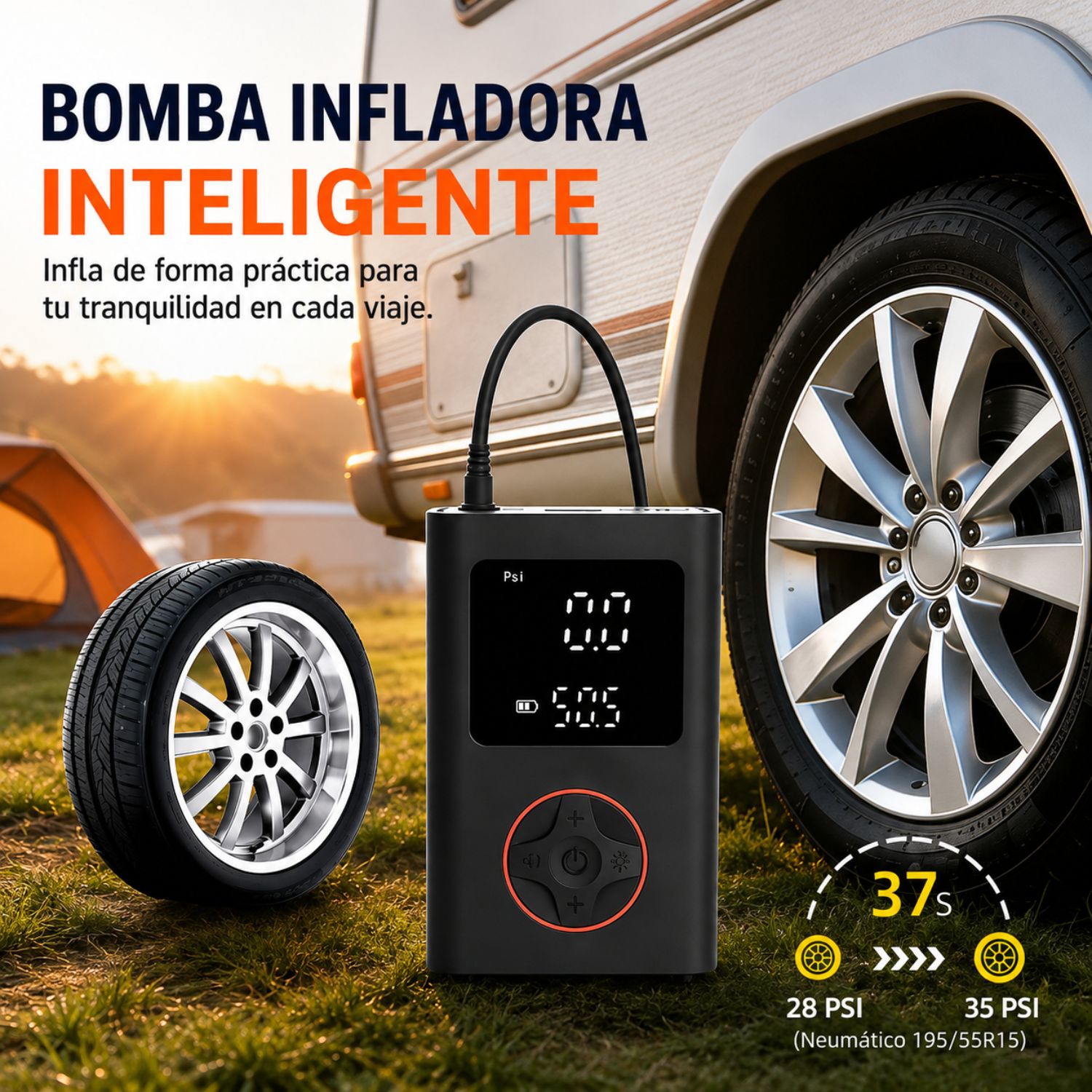 COMPRESOR DE AIRE E INFLADOR DE LLANTAS PORTÁTIL 150 PSI RECARGABLE DIGITAL 50W PARA AUTO MOTO BICICLETA - 4