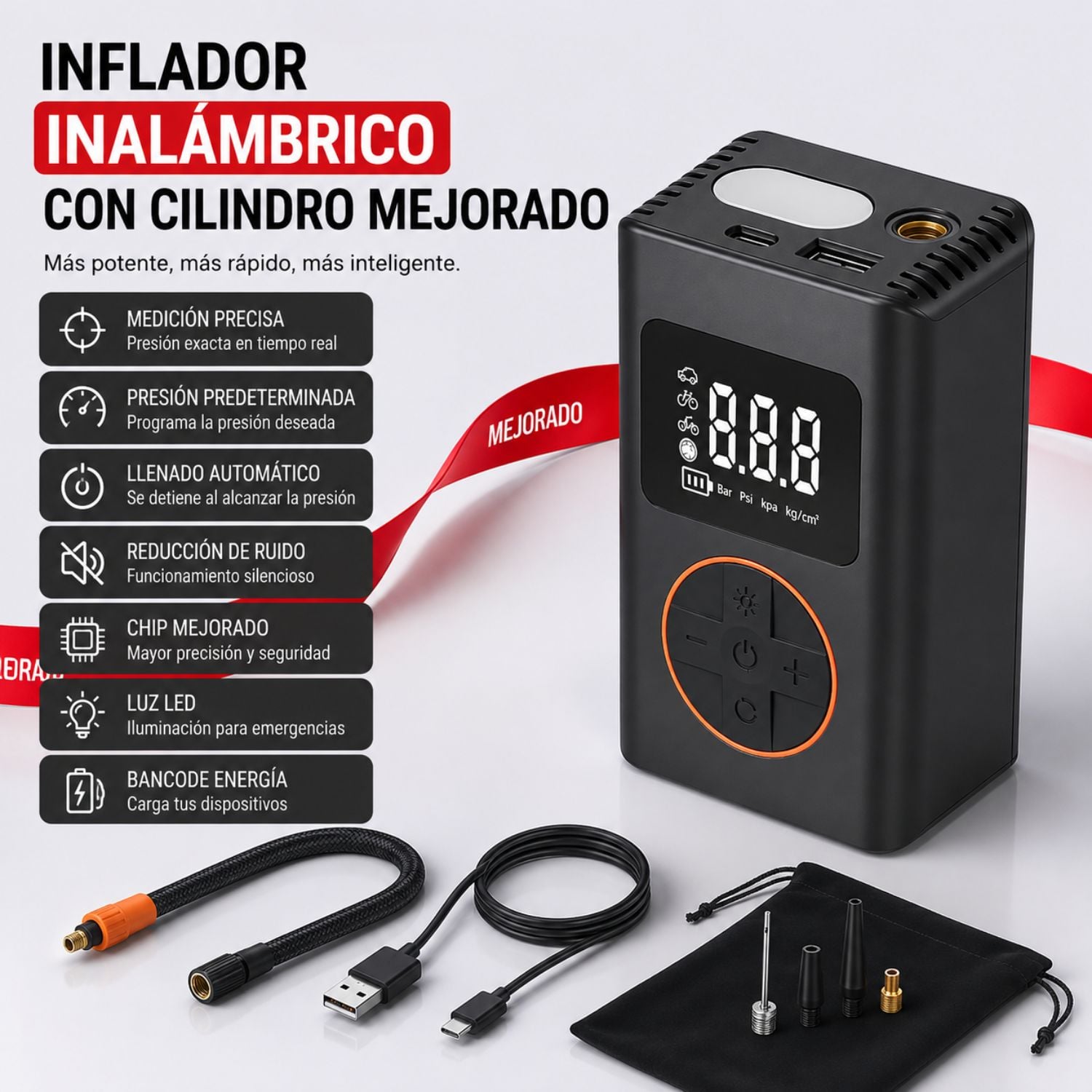 COMPRESOR DE AIRE E INFLADOR DE LLANTAS PORTÁTIL 150 PSI RECARGABLE DIGITAL 50W PARA AUTO MOTO BICICLETA - 7