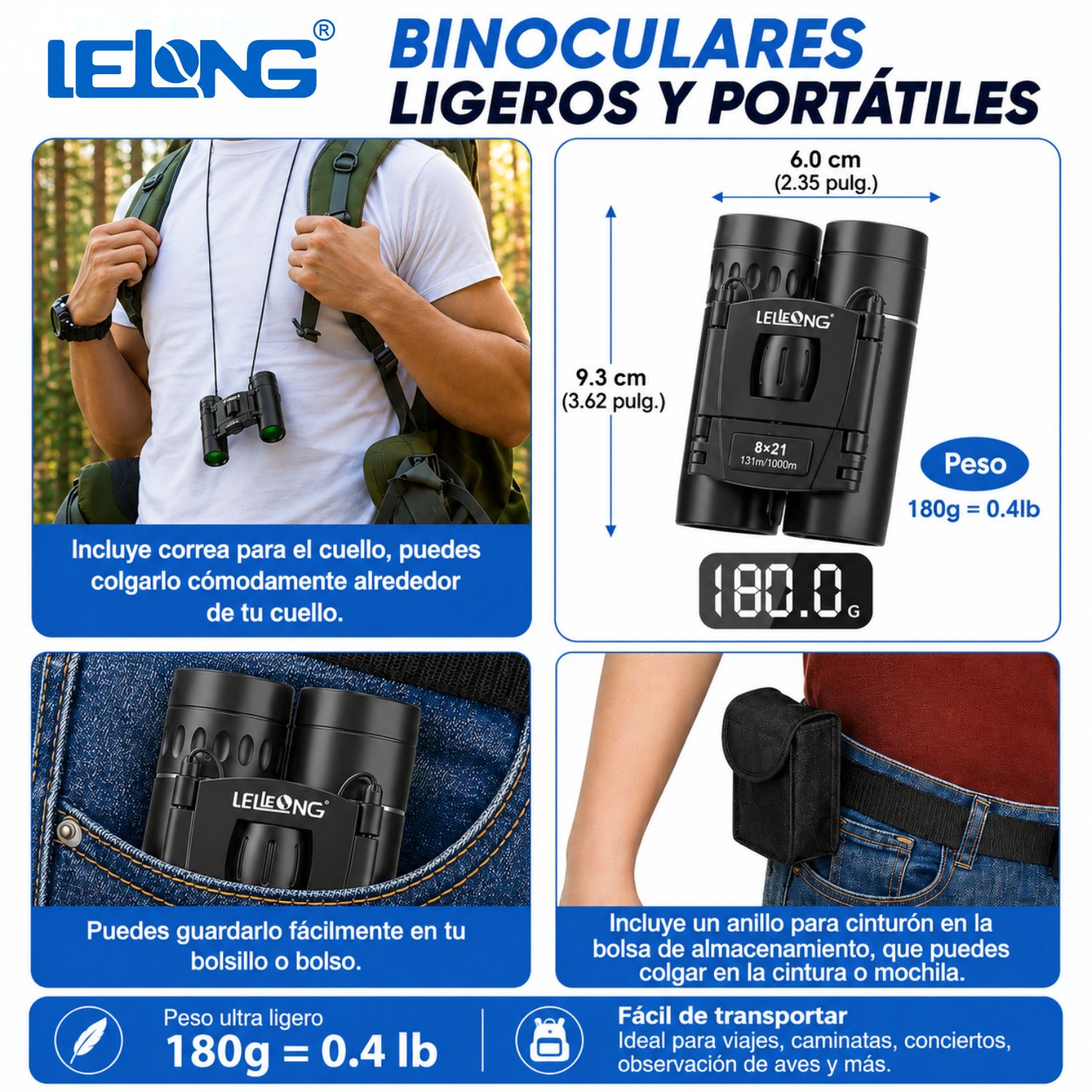 BINOCULARES 8X21 LARGO ALCANCE 1000M COMPACTOS PLEGABLES PARA VIAJES - 6
