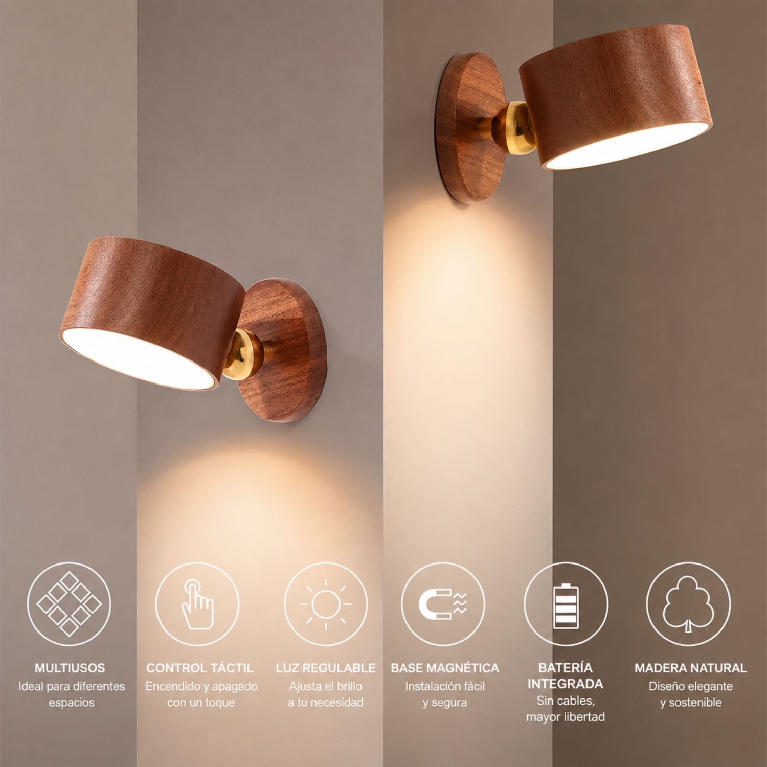 PACK 2 LÁMPARAS DE PARED LED RECARGABLES MAGNÉTICAS 360° USB-C TÁCTILES - 2