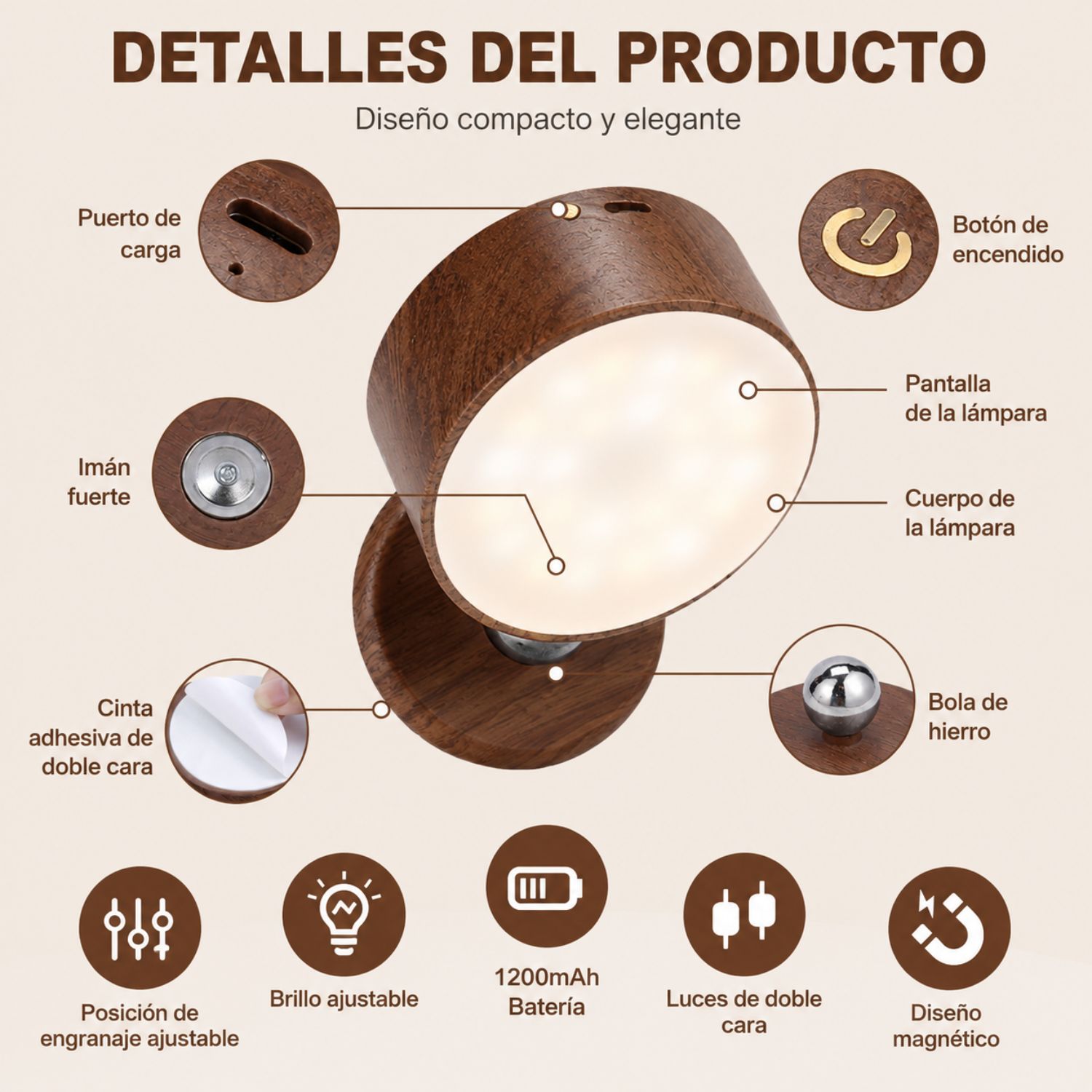 PACK 2 LÁMPARAS DE PARED LED RECARGABLES MAGNÉTICAS 360° USB-C TÁCTILES - 3