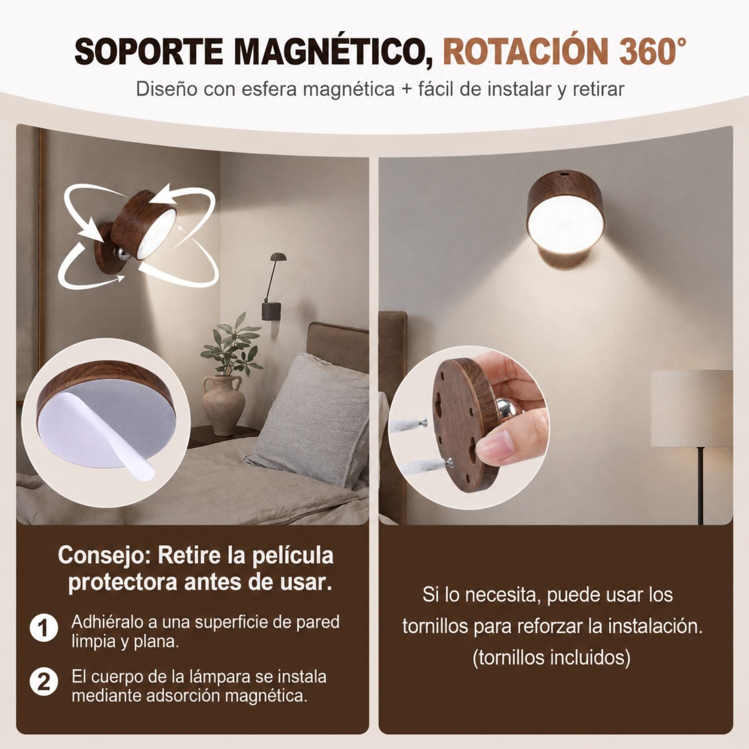PACK 2 LÁMPARAS DE PARED LED RECARGABLES MAGNÉTICAS 360° USB-C TÁCTILES - 4