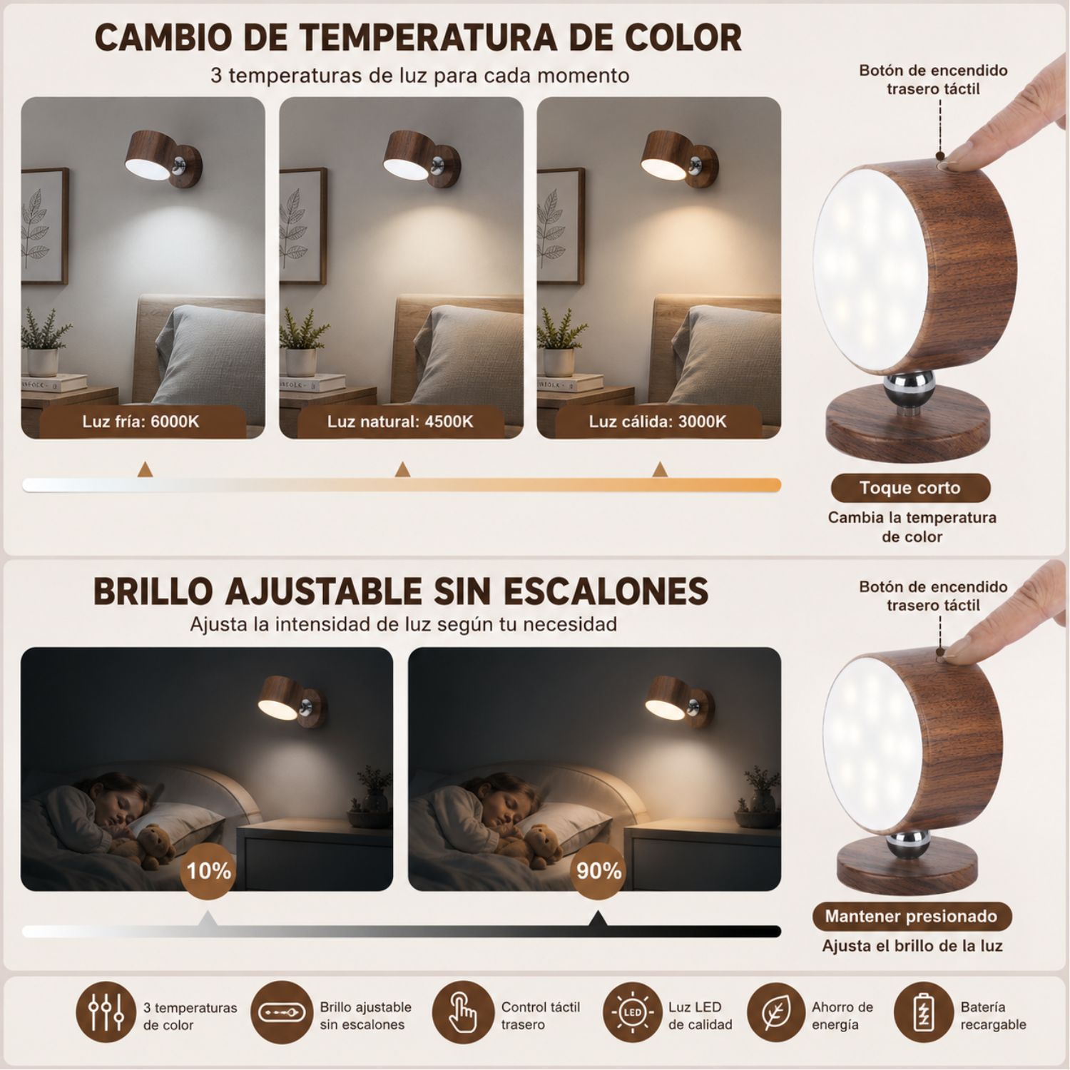 PACK 2 LÁMPARAS DE PARED LED RECARGABLES MAGNÉTICAS 360° USB-C TÁCTILES - 5