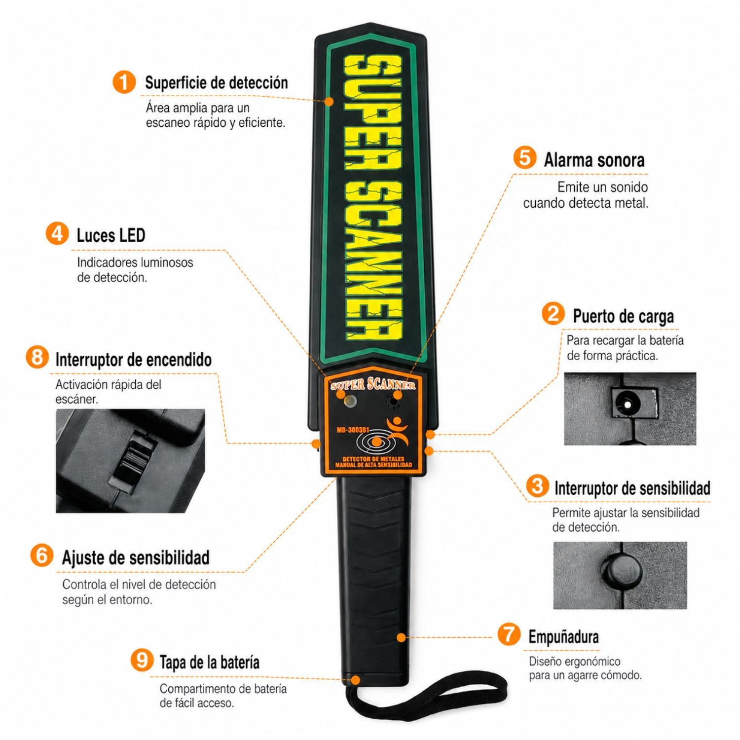 Detector de Metales Portátil Recargable - Escáner Corporal para Control de Acceso - 2