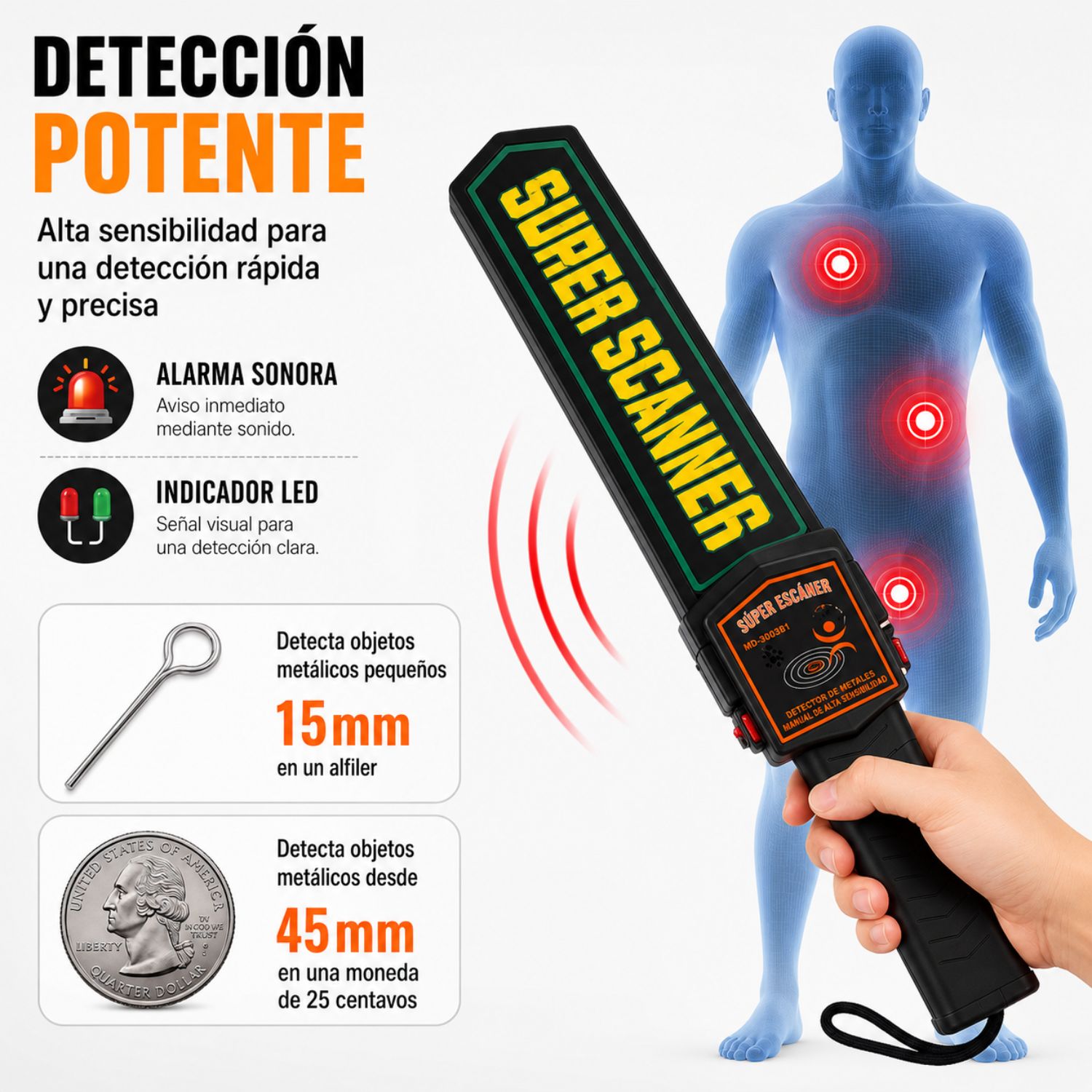 Detector de Metales Portátil Recargable - Escáner Corporal para Control de Acceso - 5