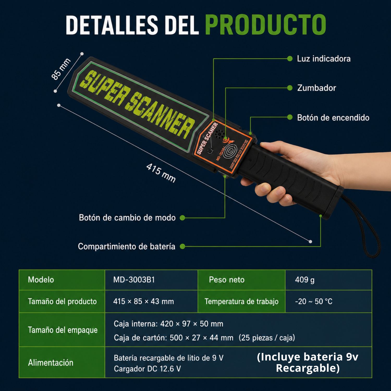 Detector de Metales Portátil Recargable - Escáner Corporal para Control de Acceso - 7