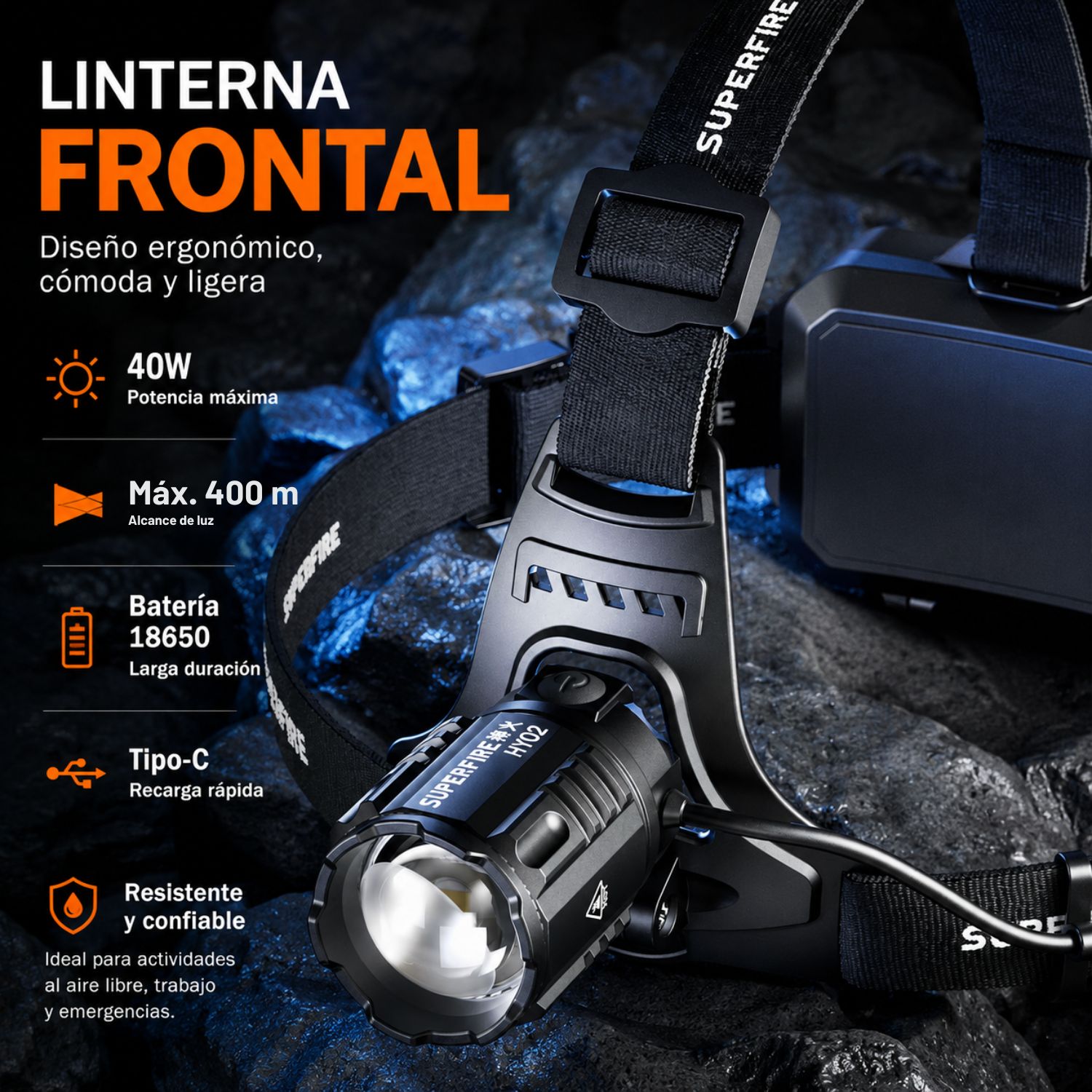 LINTERNA LED FRONTAL ALTA POTENCIA CON SENSOR Y ZOOM - 2