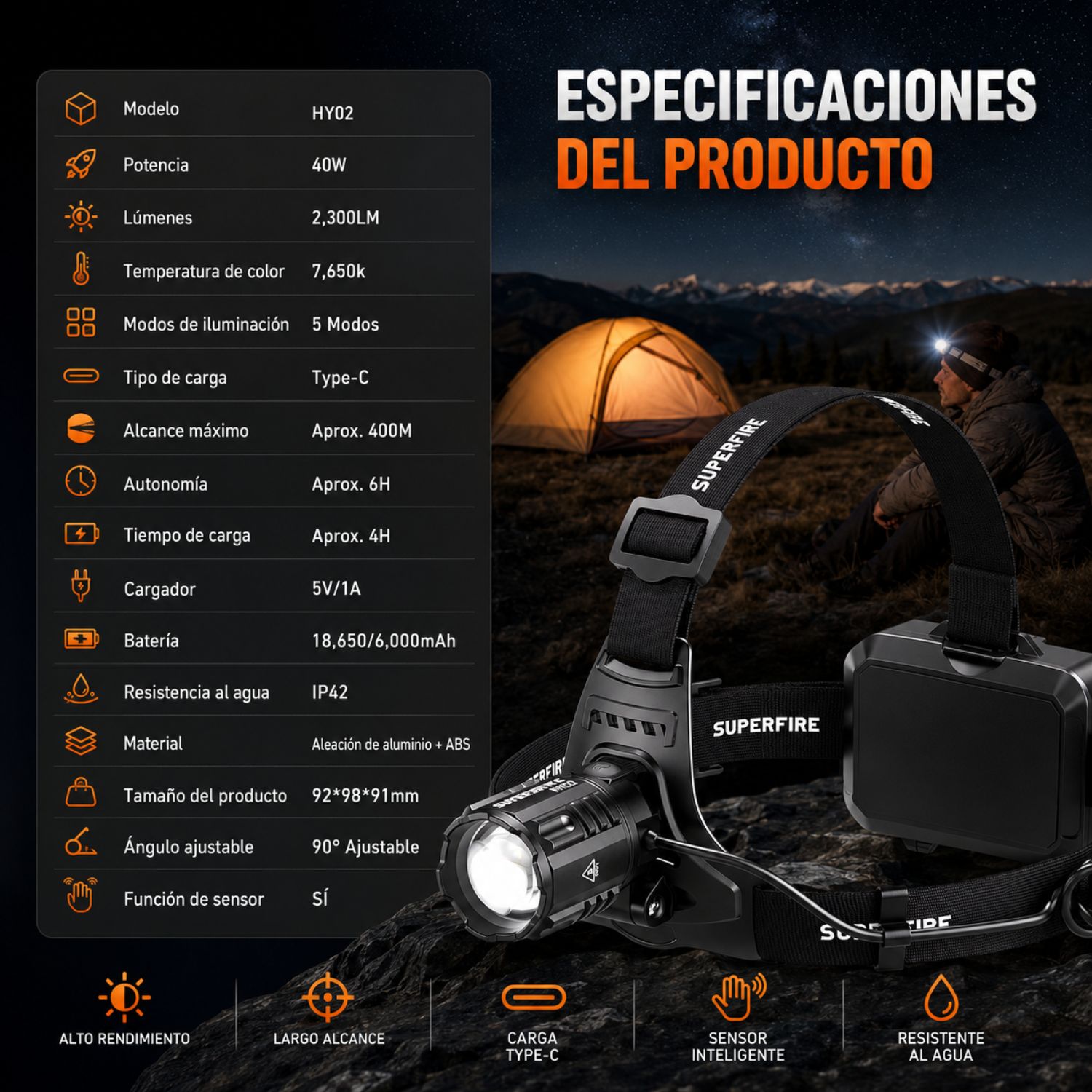LINTERNA LED FRONTAL ALTA POTENCIA CON SENSOR Y ZOOM - 7