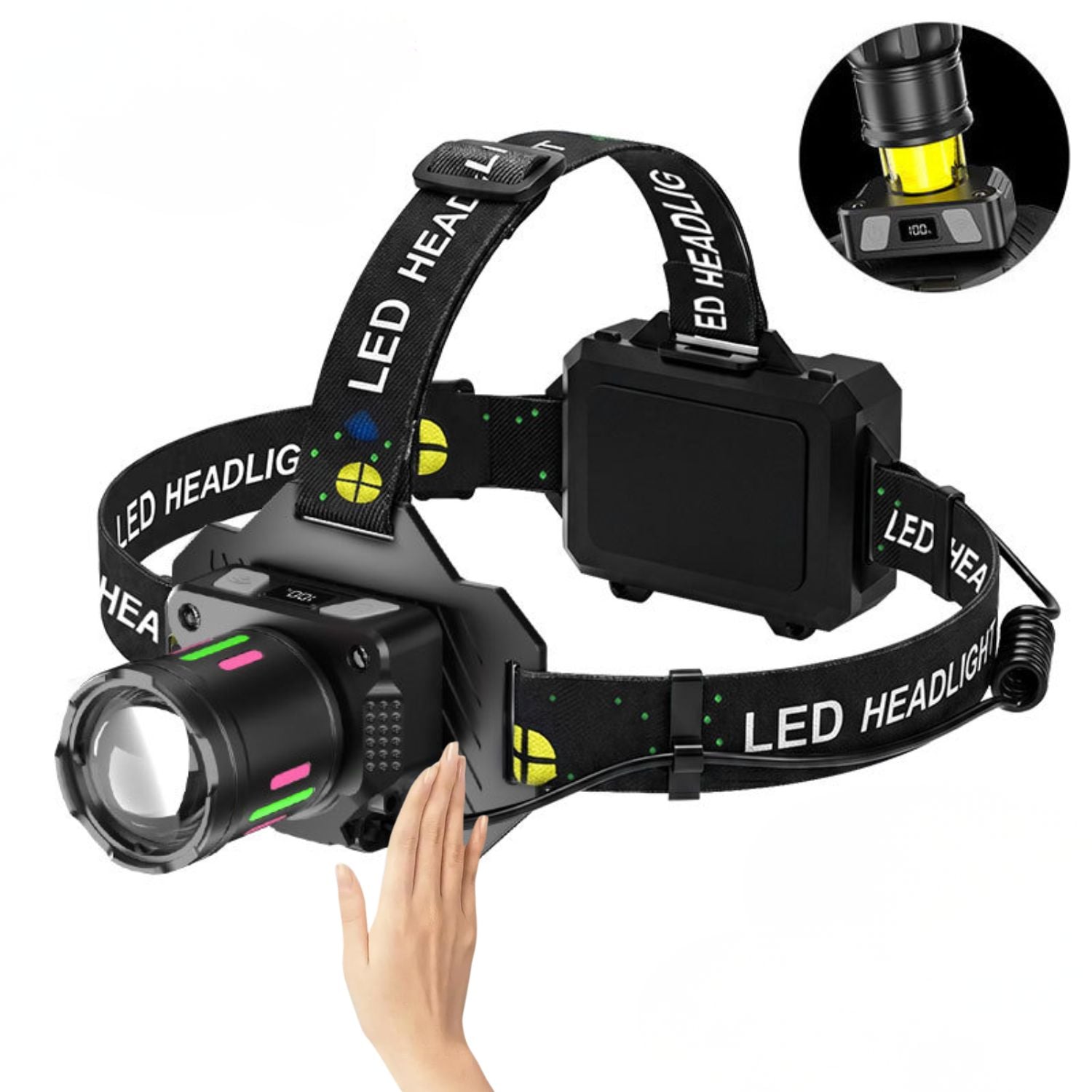 LINTERNA FRONTAL RECARGABLE LED 10W CON SENSOR ZOOM 3 BATERÍAS 18650 Y POWER BANK - 1