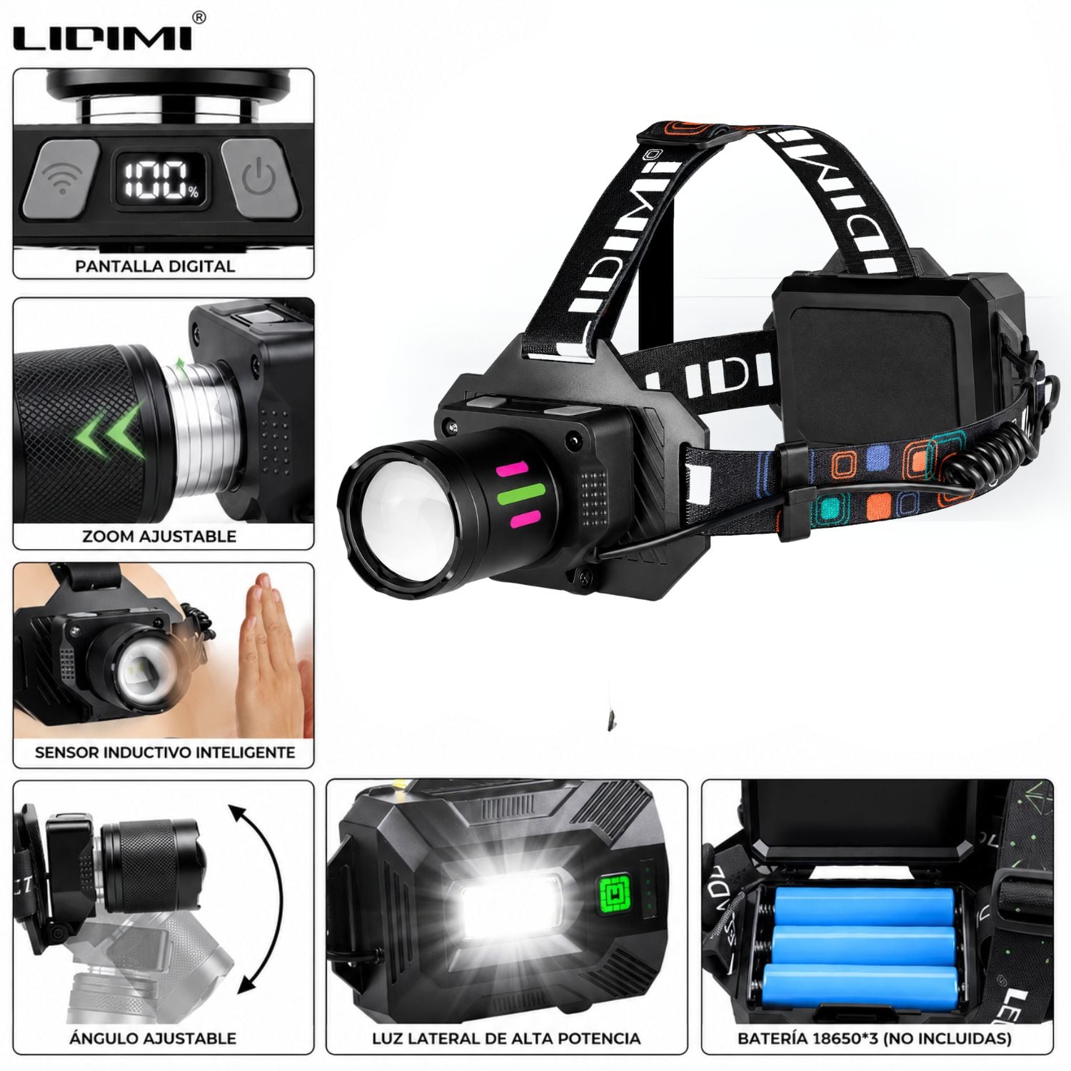 LINTERNA FRONTAL RECARGABLE LED 10W CON SENSOR ZOOM 3 BATERÍAS 18650 Y POWER BANK - 2