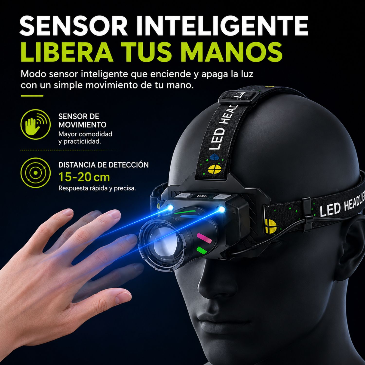 LINTERNA FRONTAL RECARGABLE LED 10W CON SENSOR ZOOM 3 BATERÍAS 18650 Y POWER BANK - 6