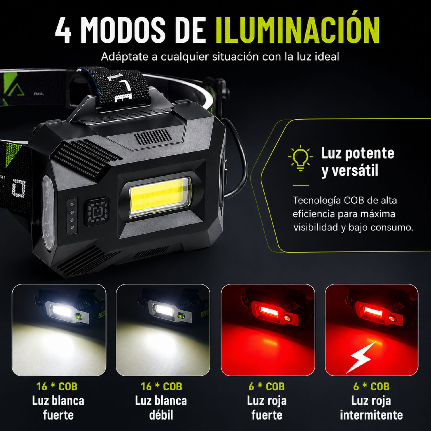 LINTERNA FRONTAL RECARGABLE LED 10W CON SENSOR ZOOM 3 BATERÍAS 18650 Y POWER BANK - 7