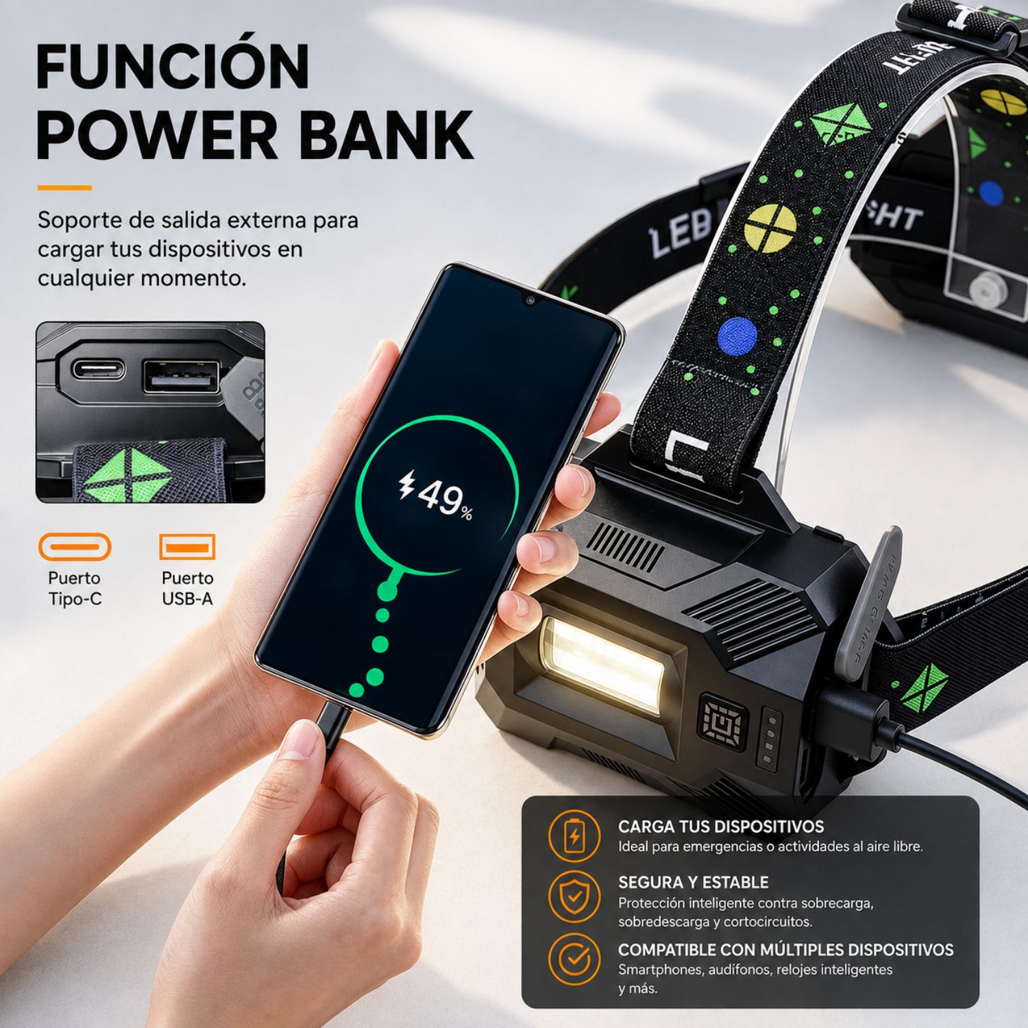 LINTERNA FRONTAL RECARGABLE LED 10W CON SENSOR ZOOM 3 BATERÍAS 18650 Y POWER BANK - 8