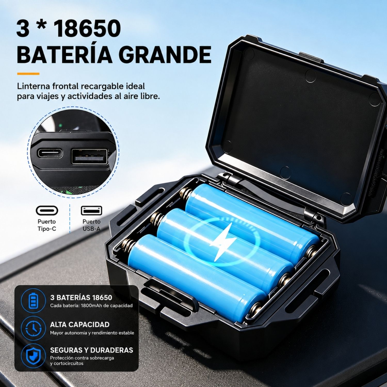 LINTERNA FRONTAL RECARGABLE LED 10W CON SENSOR ZOOM 3 BATERÍAS 18650 Y POWER BANK - 9