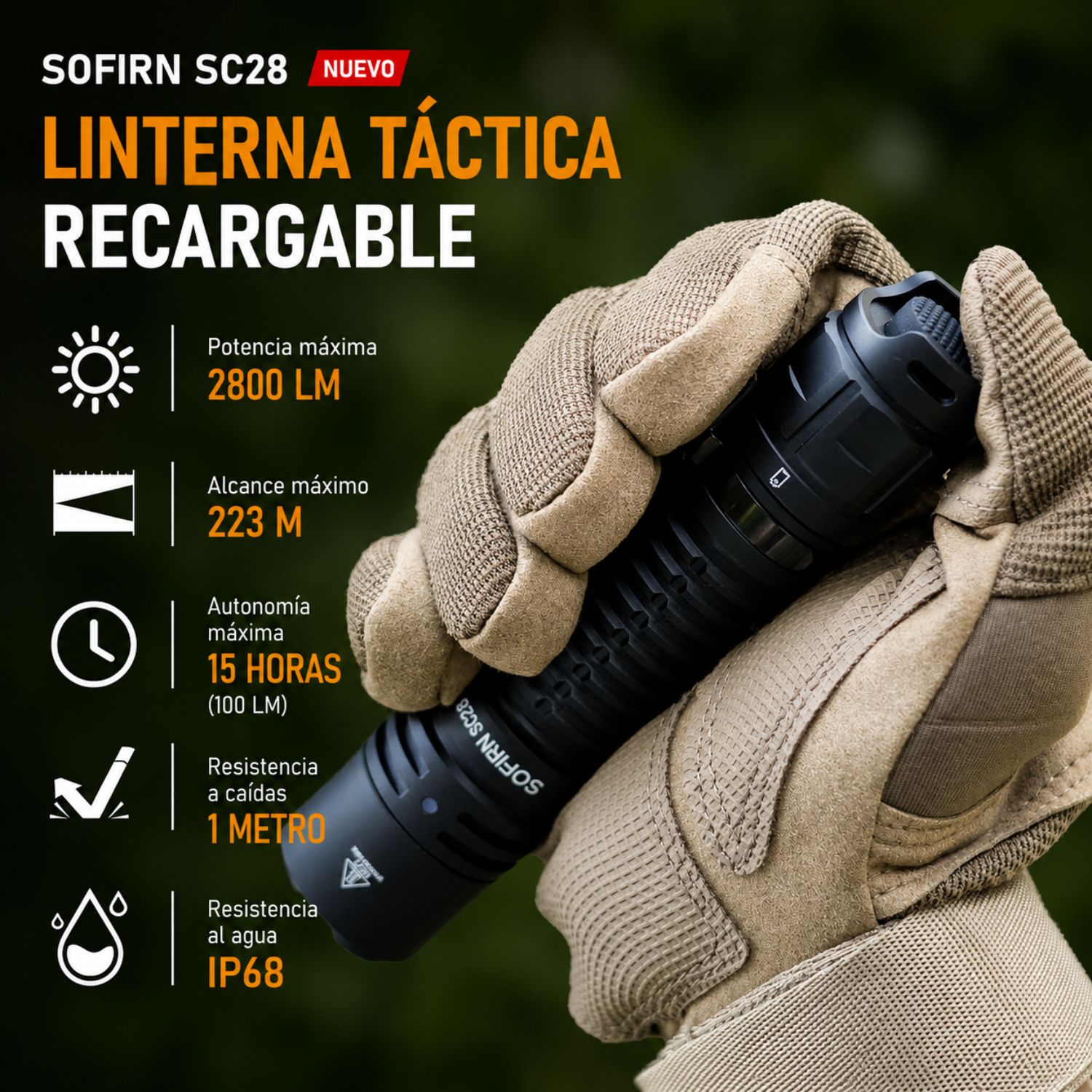 LINTERNA TÁCTICA LED RECARGABLE 2800 LÚMENES USB-C - 3