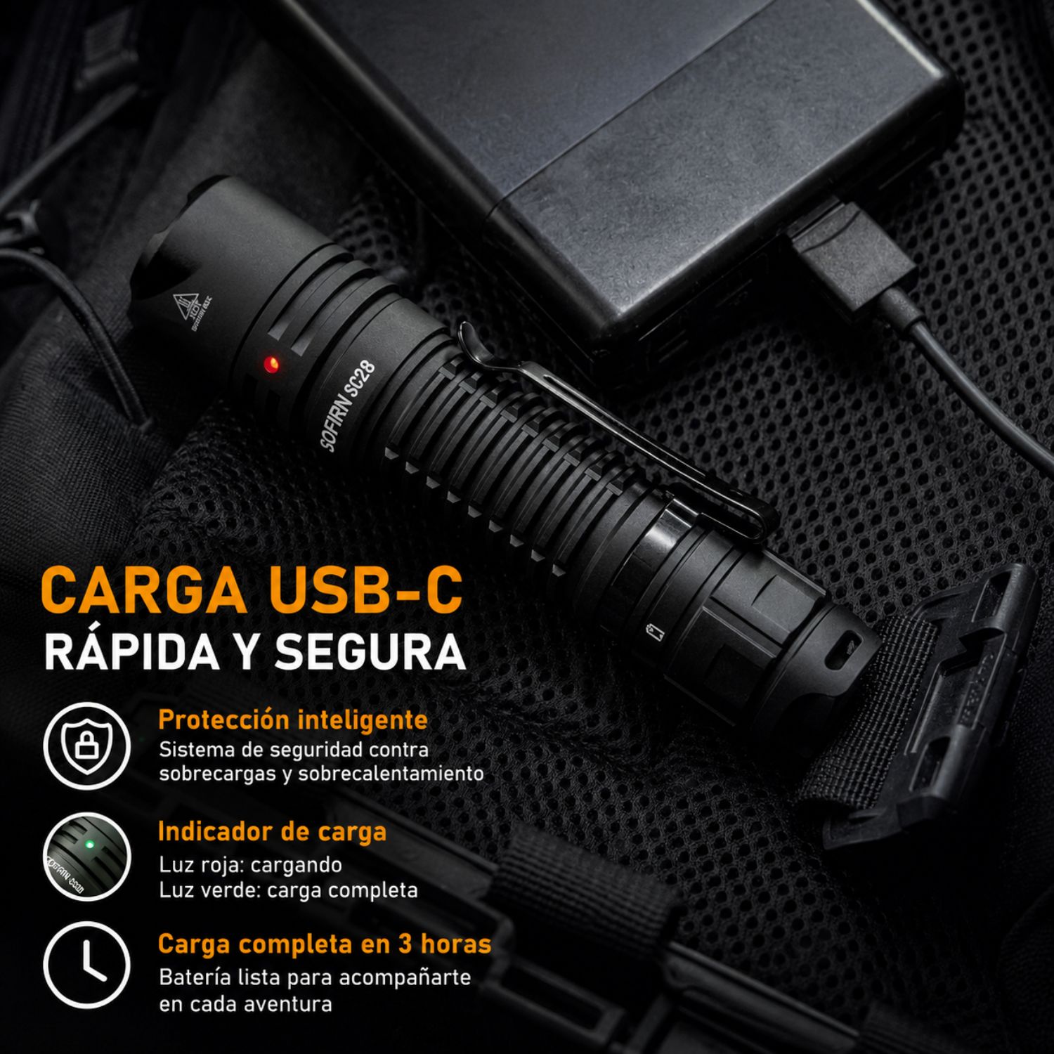 LINTERNA TÁCTICA LED RECARGABLE 2800 LÚMENES USB-C - 4