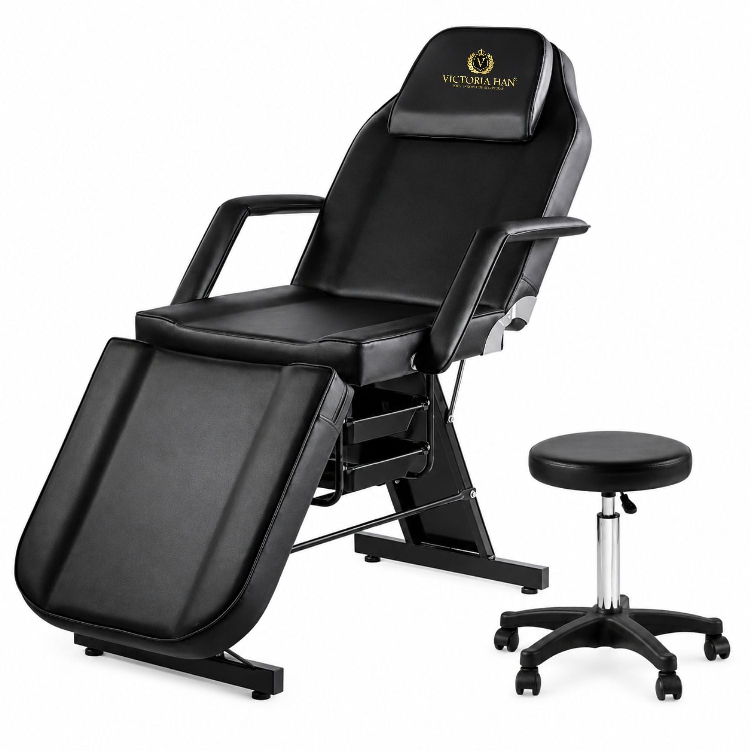 CAMILLA ESTÉTICA RECLINABLE PROFESIONAL CON BANCO PARA SPA, TATUAJES, FACIAL Y MASAJE NEGRO - 1