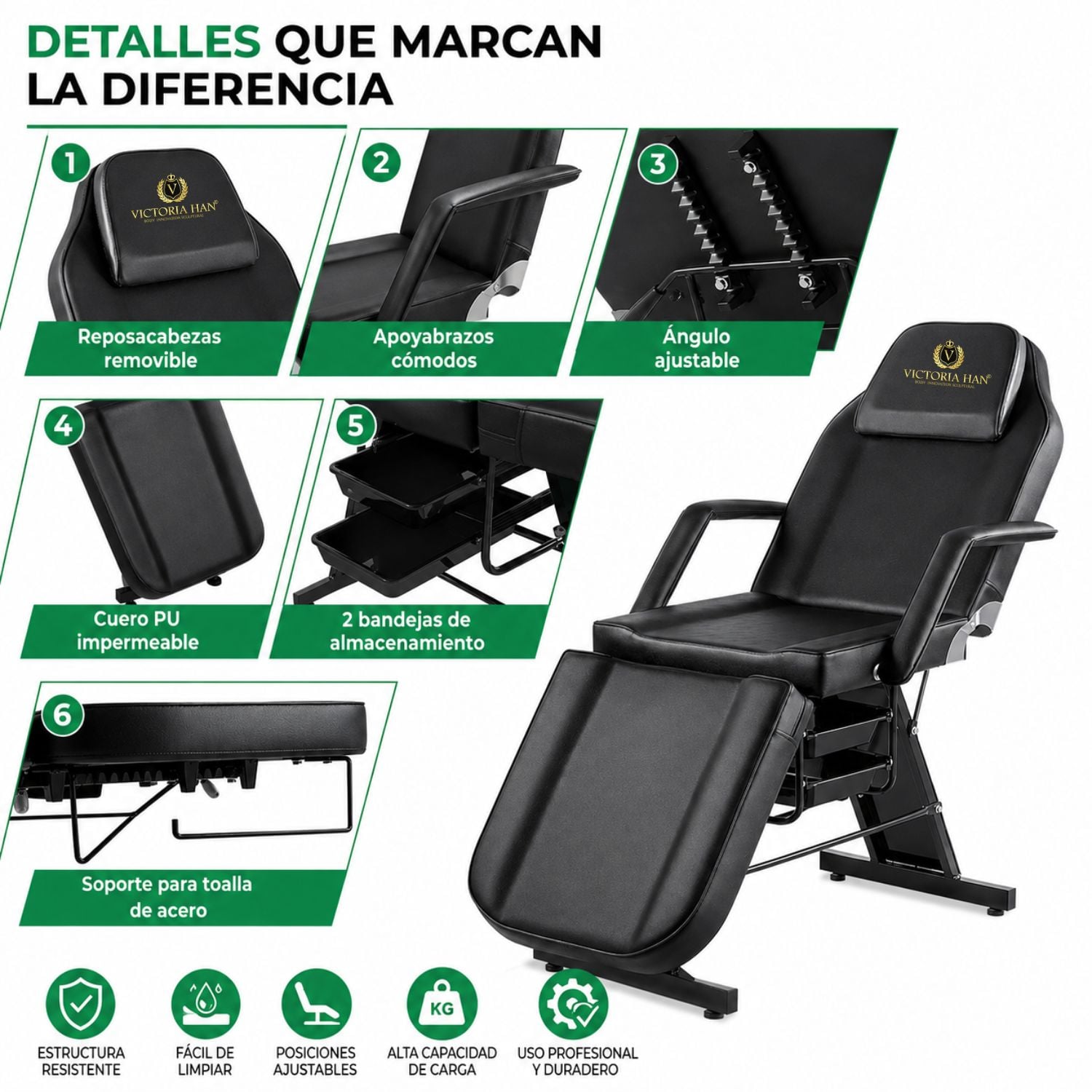 CAMILLA ESTÉTICA RECLINABLE PROFESIONAL CON BANCO PARA SPA, TATUAJES, FACIAL Y MASAJE NEGRO - 2