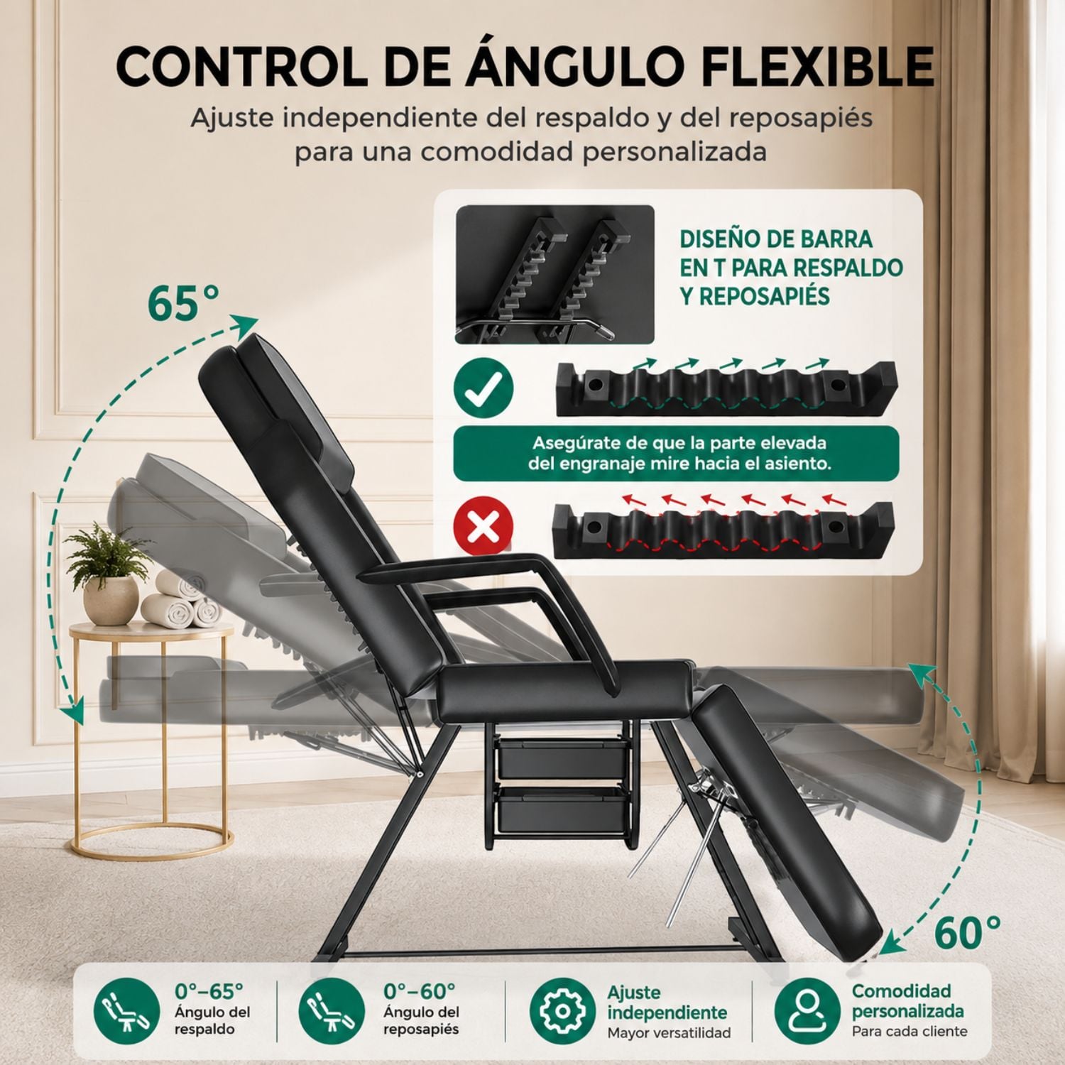 CAMILLA ESTÉTICA RECLINABLE PROFESIONAL CON BANCO PARA SPA, TATUAJES, FACIAL Y MASAJE NEGRO - 3