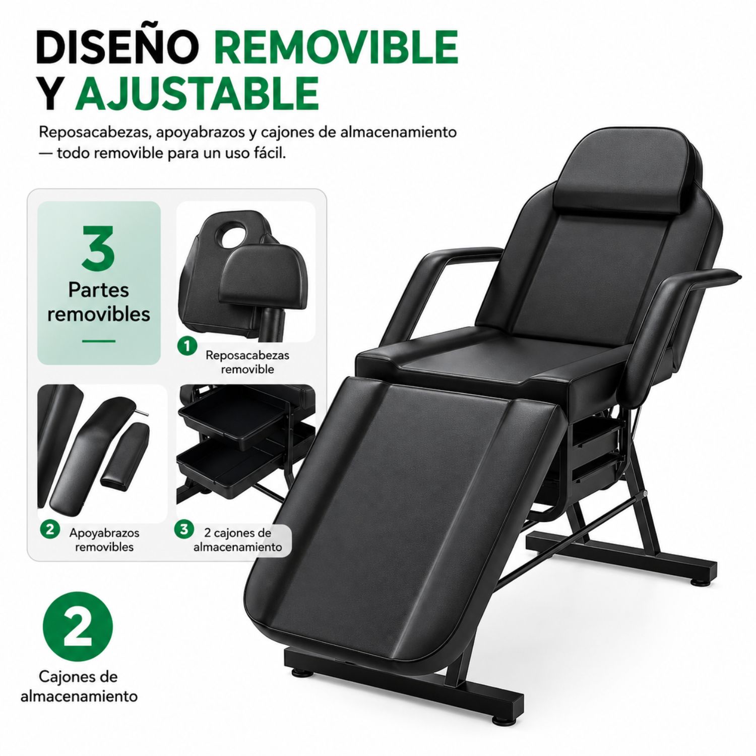 CAMILLA ESTÉTICA RECLINABLE PROFESIONAL CON BANCO PARA SPA, TATUAJES, FACIAL Y MASAJE NEGRO - 4