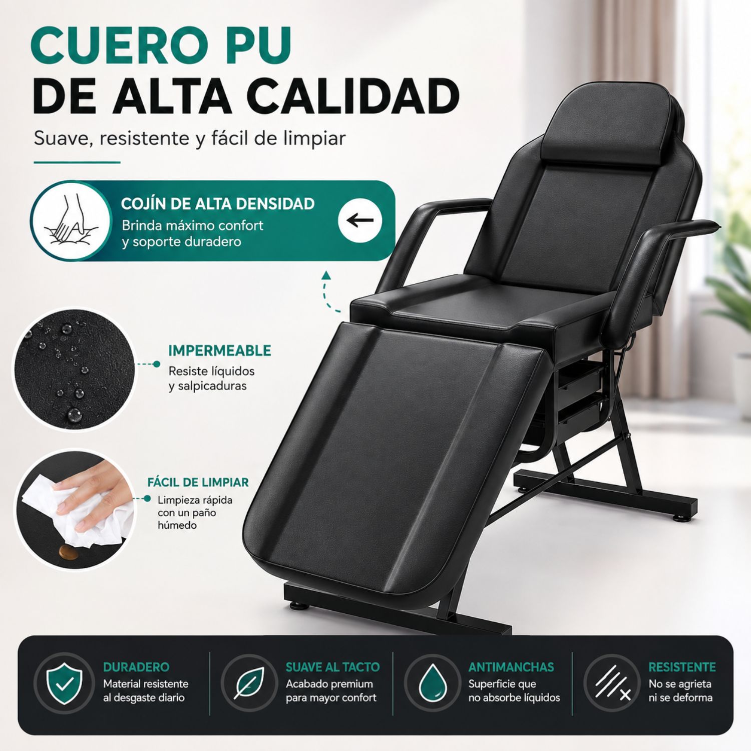 CAMILLA ESTÉTICA RECLINABLE PROFESIONAL CON BANCO PARA SPA, TATUAJES, FACIAL Y MASAJE NEGRO - 5