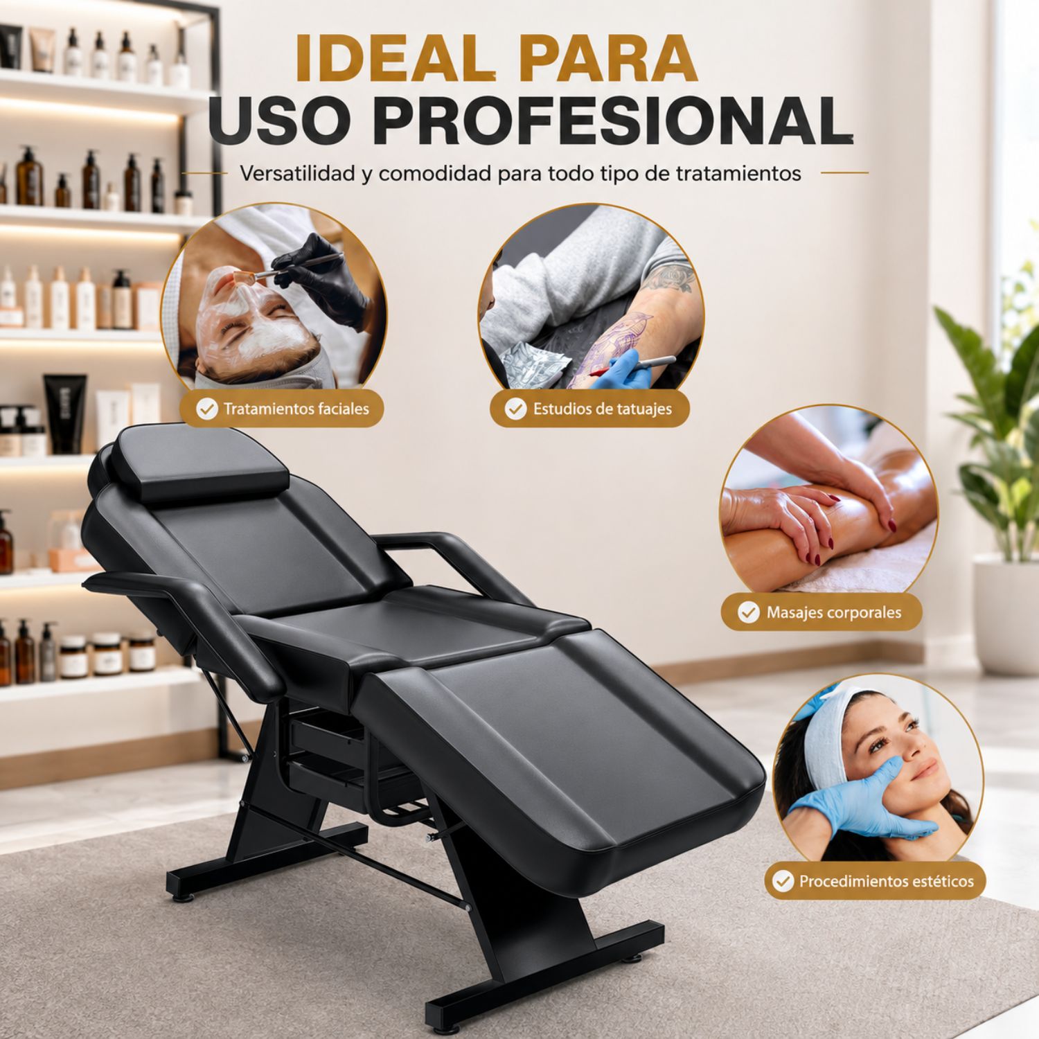 CAMILLA ESTÉTICA RECLINABLE PROFESIONAL CON BANCO PARA SPA, TATUAJES, FACIAL Y MASAJE NEGRO - 6