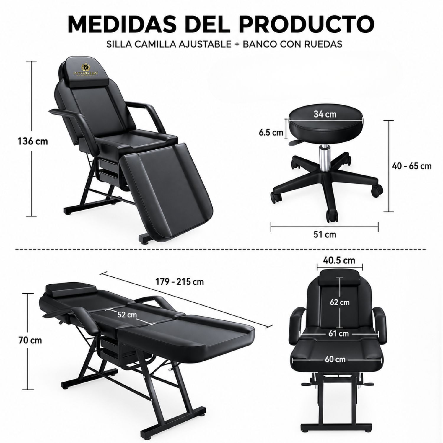 CAMILLA ESTÉTICA RECLINABLE PROFESIONAL CON BANCO PARA SPA, TATUAJES, FACIAL Y MASAJE NEGRO - 7