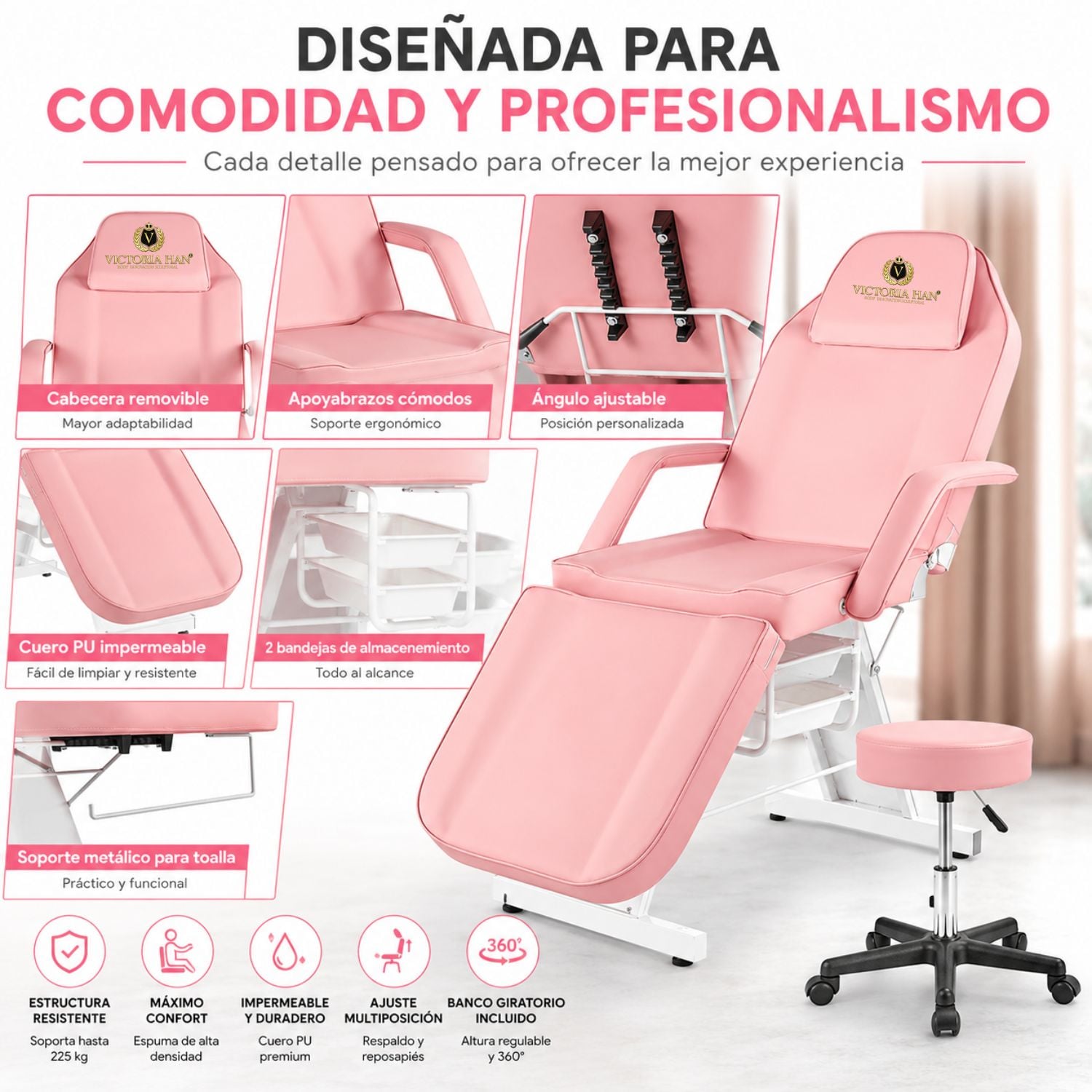 CAMILLA ESTÉTICA RECLINABLE PROFESIONAL CON BANCO PARA SPA, TATUAJES, FACIAL Y MASAJE ROSA - 2