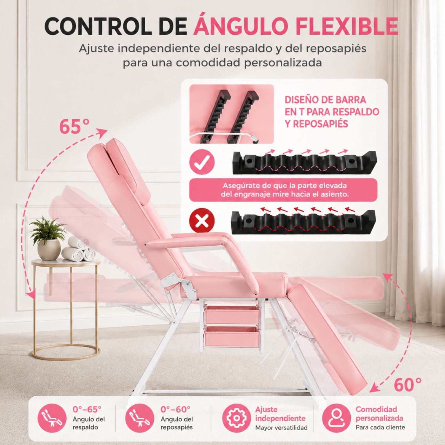 CAMILLA ESTÉTICA RECLINABLE PROFESIONAL CON BANCO PARA SPA, TATUAJES, FACIAL Y MASAJE ROSA - 3