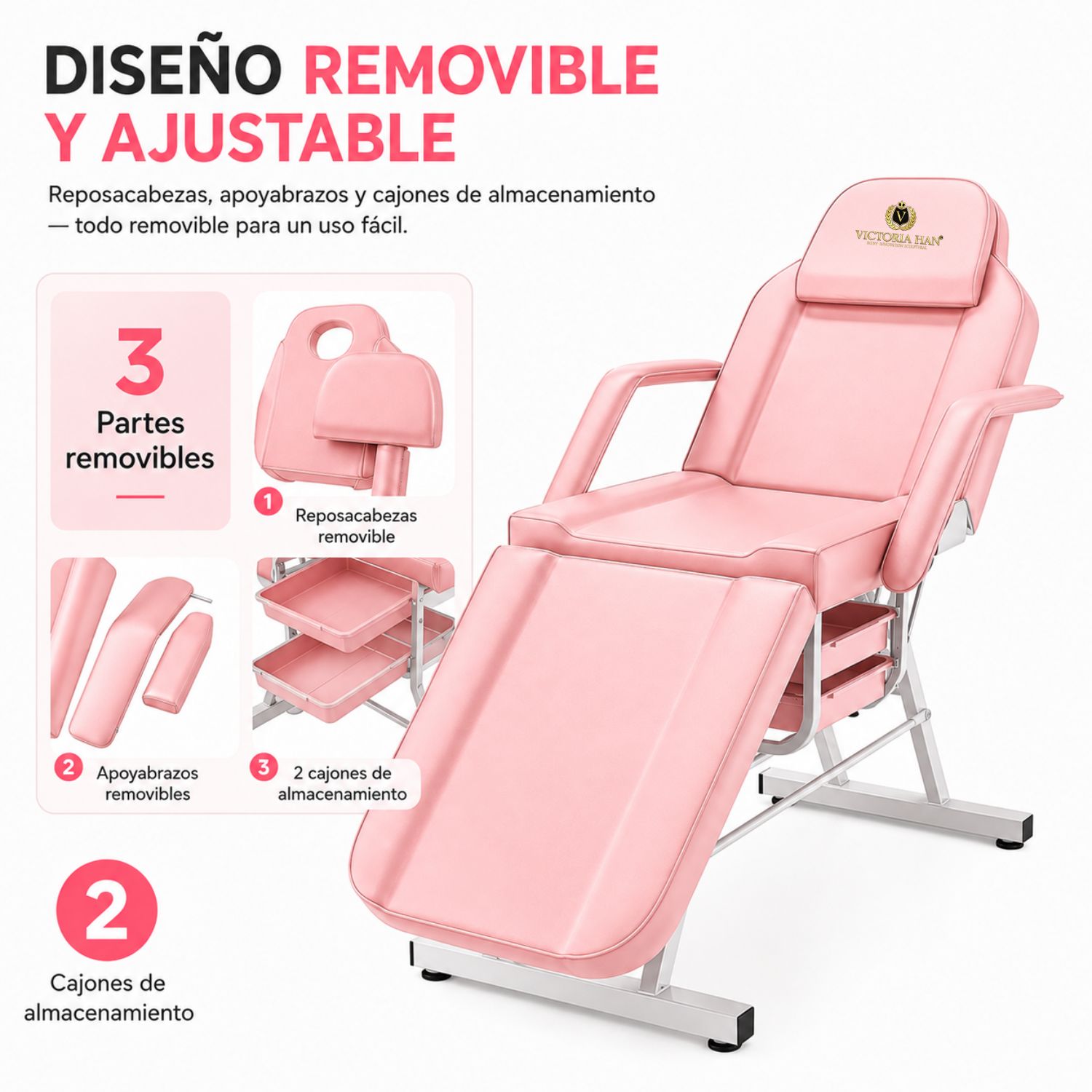 CAMILLA ESTÉTICA RECLINABLE PROFESIONAL CON BANCO PARA SPA, TATUAJES, FACIAL Y MASAJE ROSA - 4