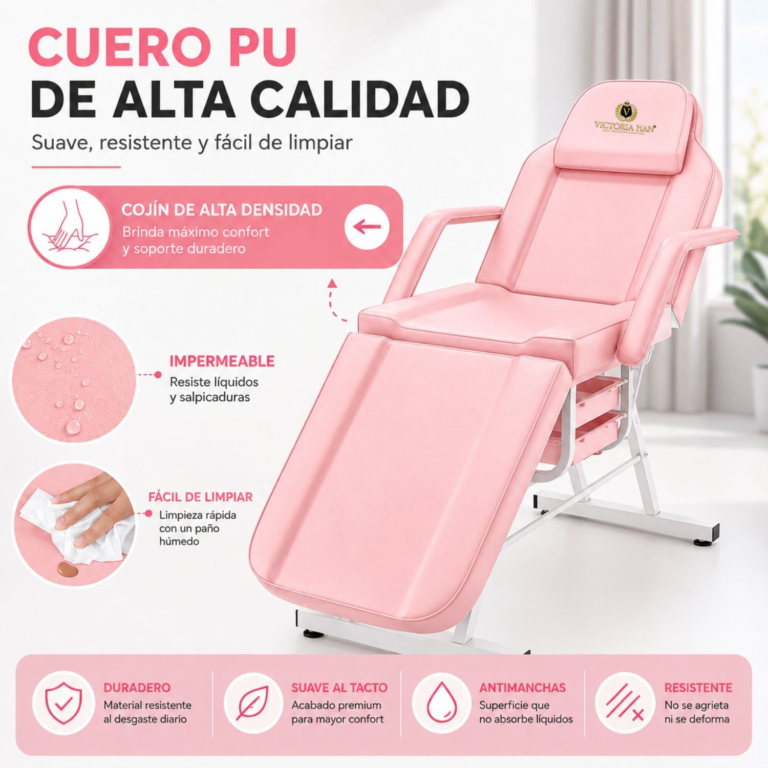 CAMILLA ESTÉTICA RECLINABLE PROFESIONAL CON BANCO PARA SPA, TATUAJES, FACIAL Y MASAJE ROSA - 5