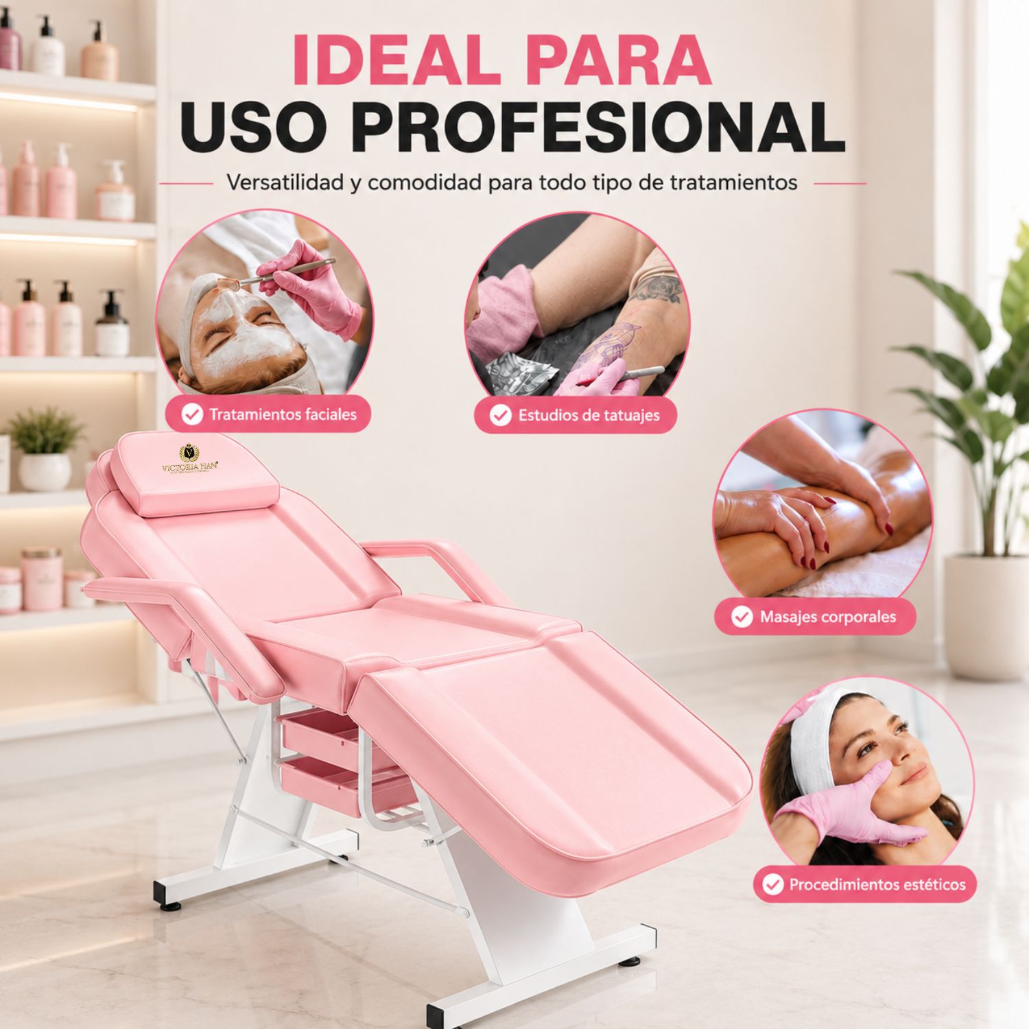 CAMILLA ESTÉTICA RECLINABLE PROFESIONAL CON BANCO PARA SPA, TATUAJES, FACIAL Y MASAJE ROSA - 6