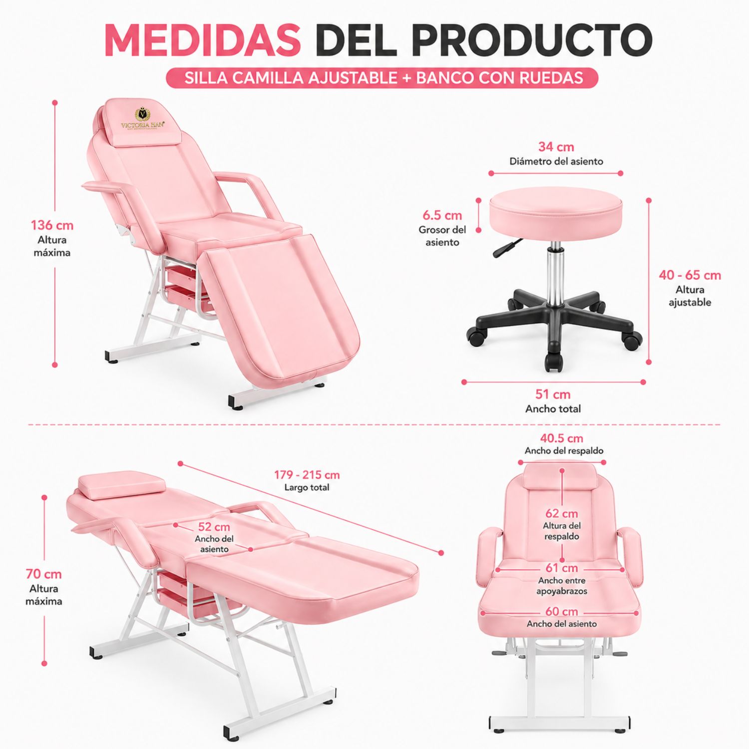 CAMILLA ESTÉTICA RECLINABLE PROFESIONAL CON BANCO PARA SPA, TATUAJES, FACIAL Y MASAJE ROSA - 7