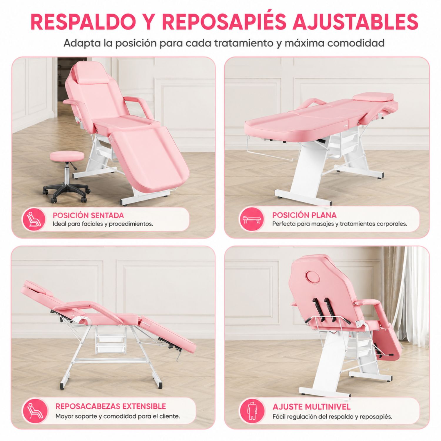 CAMILLA ESTÉTICA RECLINABLE PROFESIONAL CON BANCO PARA SPA, TATUAJES, FACIAL Y MASAJE ROSA - 8