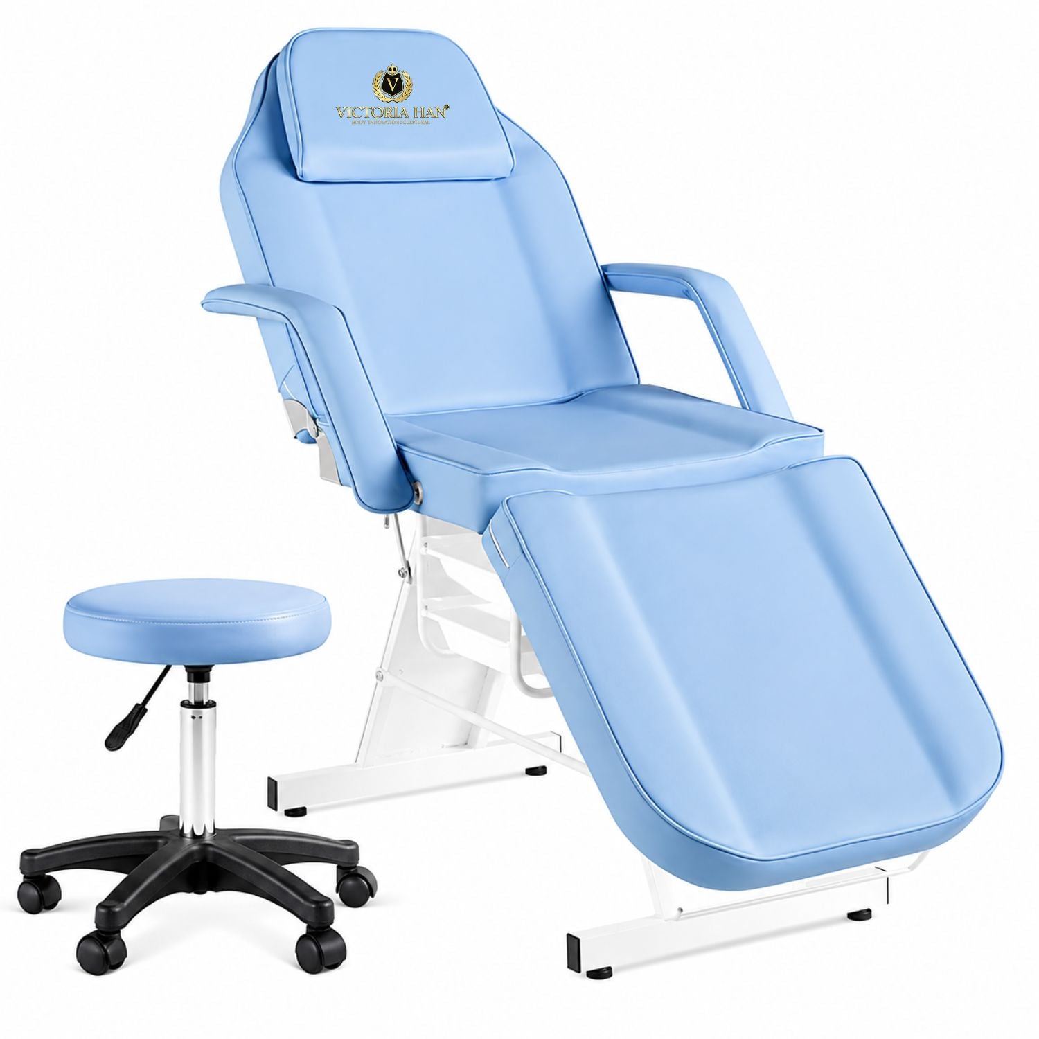 CAMILLA ESTÉTICA RECLINABLE PROFESIONAL CON BANCO PARA SPA, TATUAJES, FACIAL Y MASAJE AZUL - 1